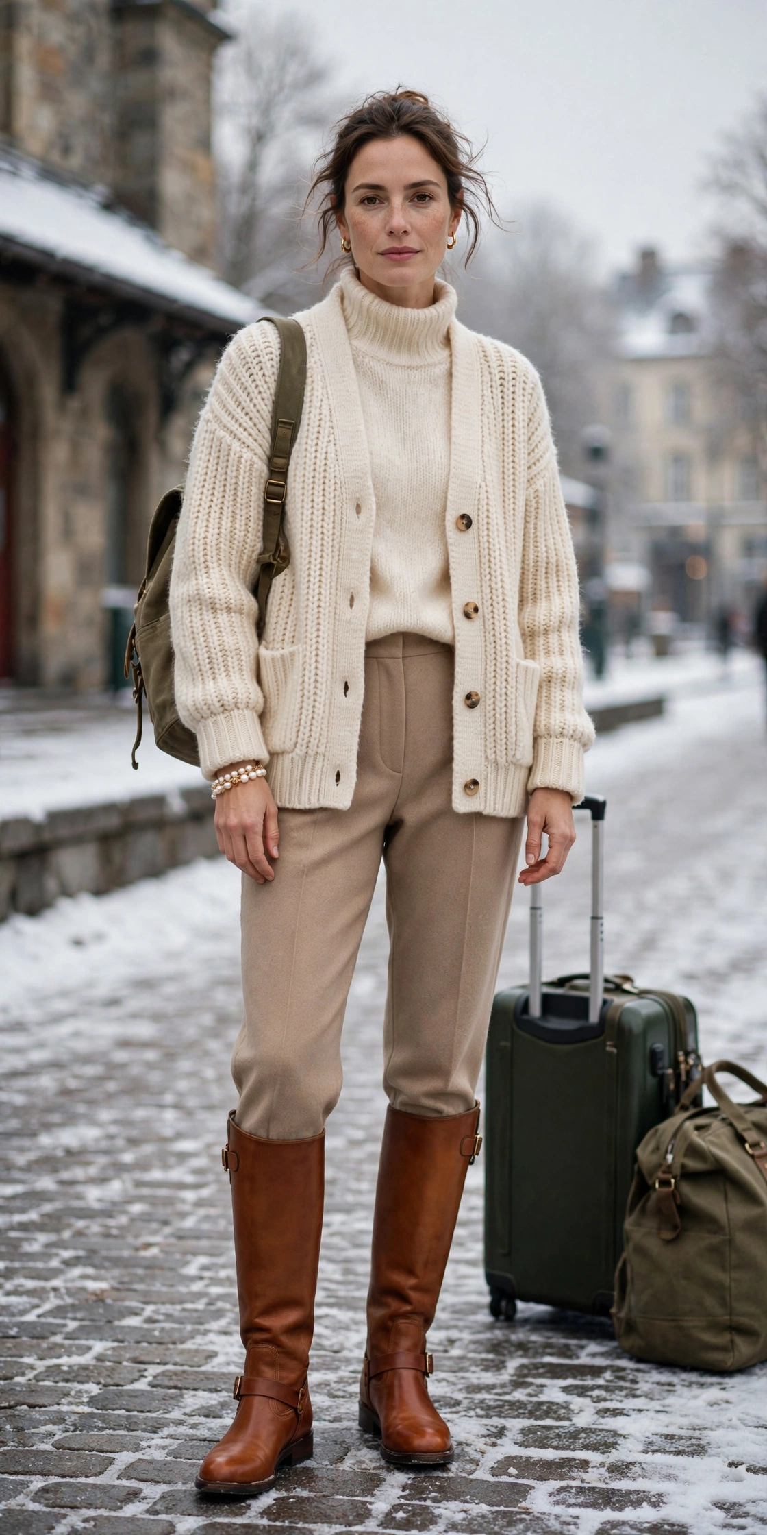 50 Women in Their 30s Leather Boots Outfits for Winter Travel That Are Chic, Warm and Elegant 24 Cognac leather boots and knit outfit with straight-leg trousers, black leather riding boots and a pearl bracelet