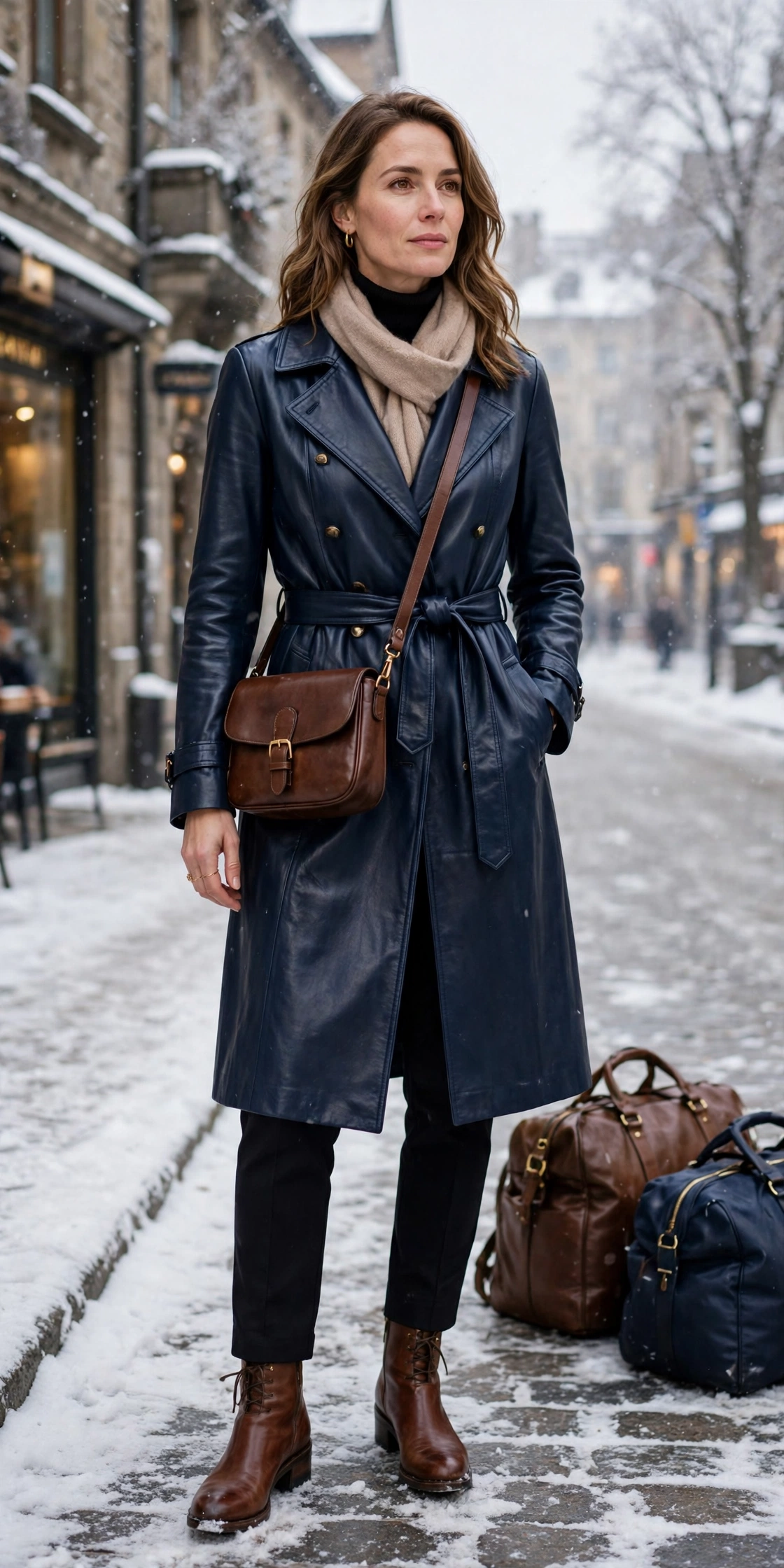 50 Women in Their 30s Leather Boots Outfits for Winter Travel That Are Chic, Warm and Elegant 28 Navy leather boots and coat outfit with black trousers, brown leather ankle boots and a chic crossbody bag