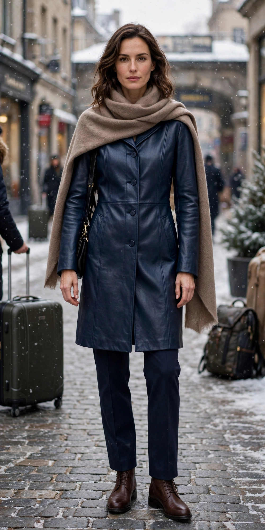 50 Women in Their 30s Leather Boots Outfits for Winter Travel That Are Chic, Warm and Elegant 30 Navy leather boots and coat outfit with straight-leg trousers, chocolate leather boots and a cashmere wrap
