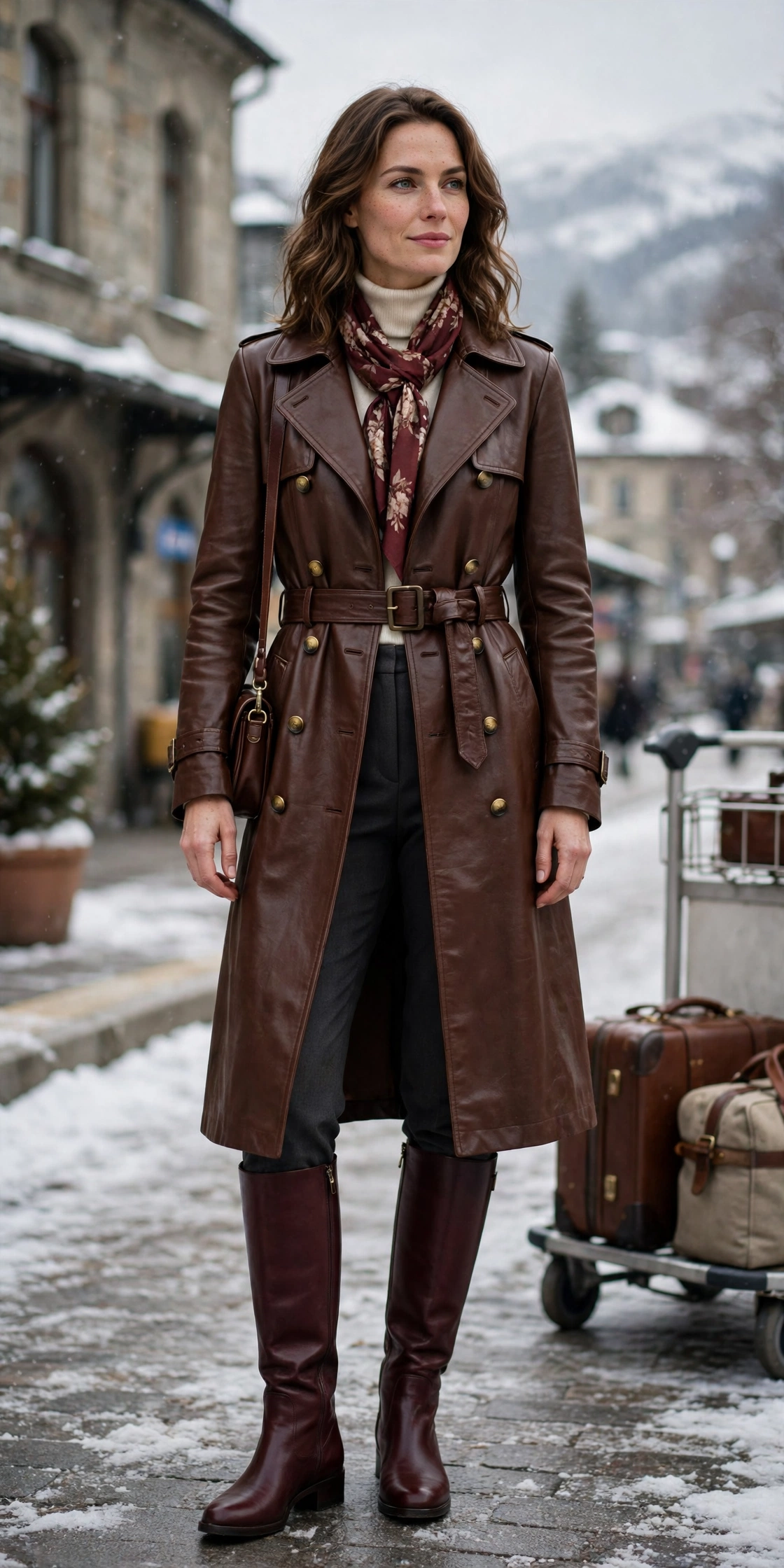 50 Women in Their 30s Leather Boots Outfits for Winter Travel That Are Chic, Warm and Elegant 32 Chocolate leather boots and travel coat outfit with tailored trousers, burgundy leather knee boots and a silk scarf
