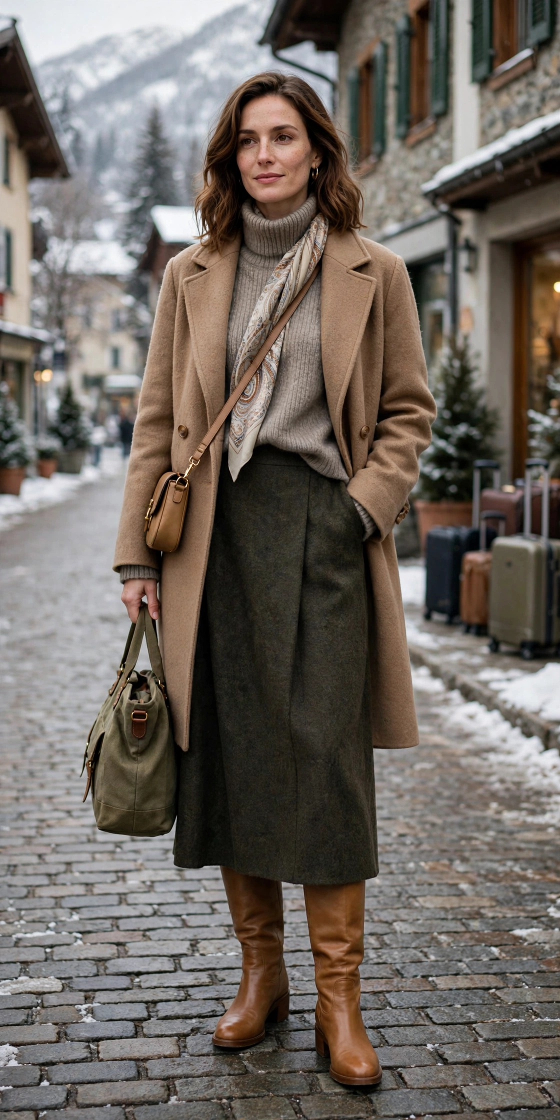 50 Women in Their 30s Leather Boots Outfits for Winter Travel That Are Chic, Warm and Elegant 33 Tan leather boots and wool outfit with a midi skirt, tan leather knee boots and a silk scarf