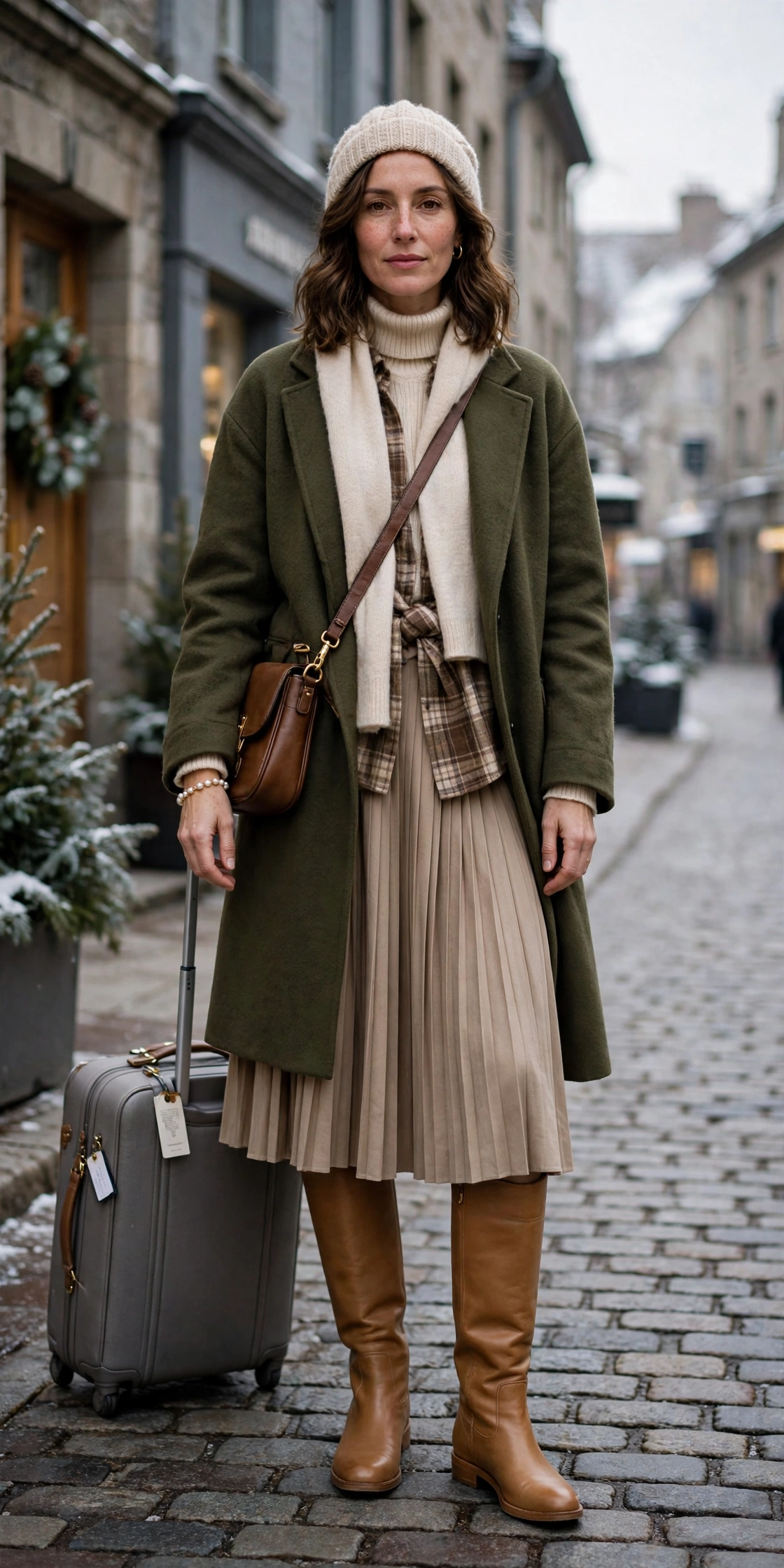 50 Women in Their 30s Leather Boots Outfits for Winter Travel That Are Chic, Warm and Elegant 34 Brown leather boots and layered outfit with a pleated skirt, tan leather knee boots and a pearl bracelet