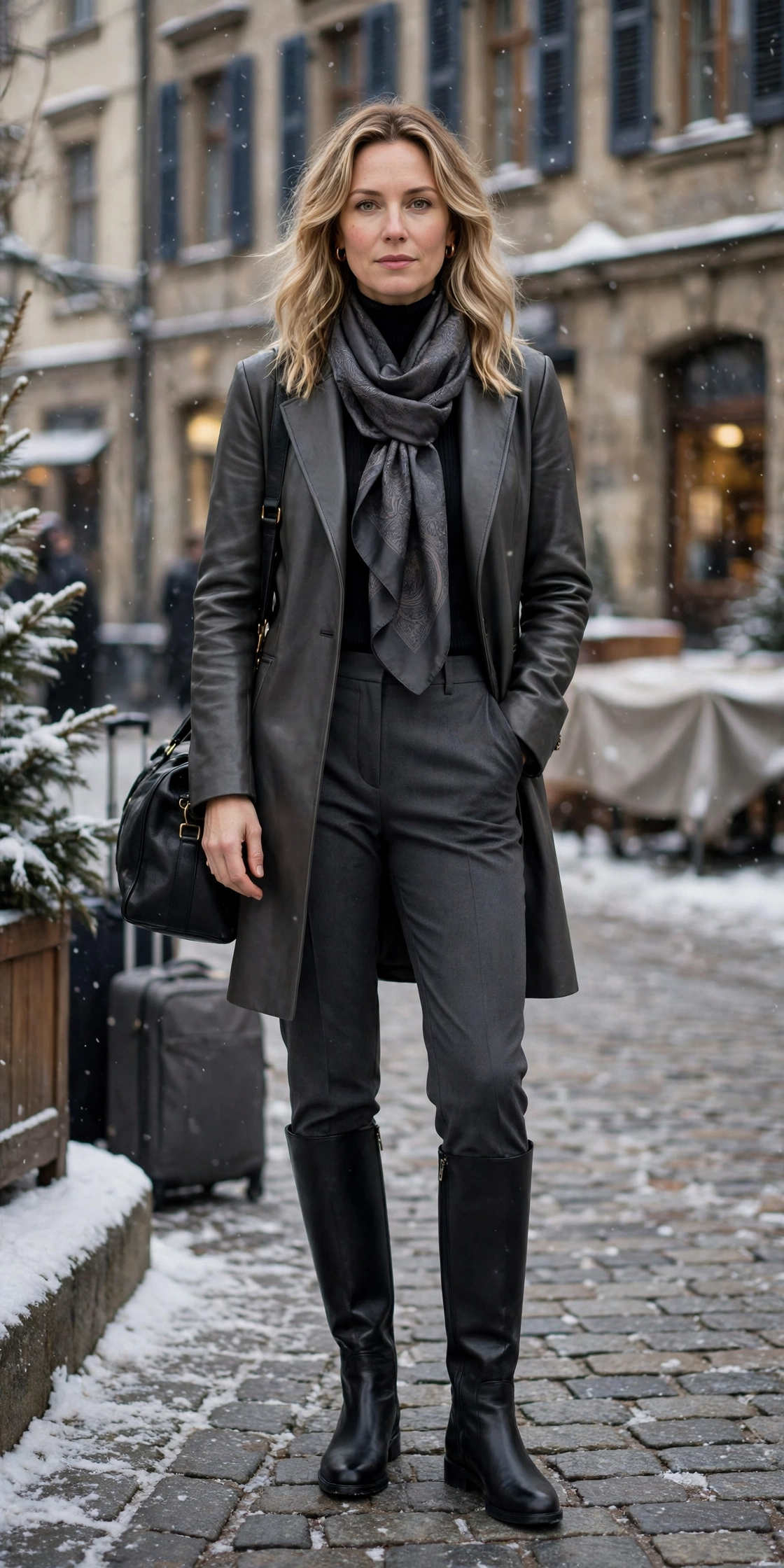 50 Women in Their 30s Leather Boots Outfits for Winter Travel That Are Chic, Warm and Elegant 35 Charcoal leather boots and scarf outfit with tailored trousers, black leather knee boots and a silk scarf