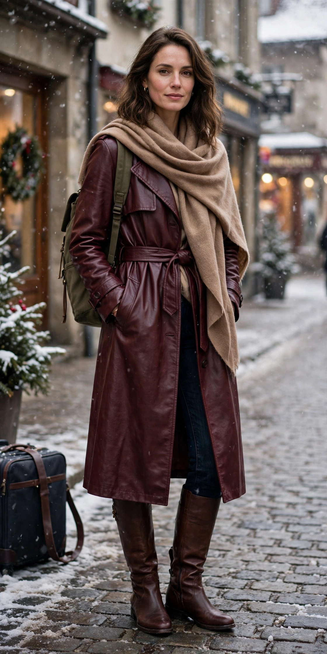 50 Women in Their 30s Leather Boots Outfits for Winter Travel That Are Chic, Warm and Elegant 36 Burgundy leather boots and travel coat outfit with dark jeans, chocolate leather boots and a cashmere wrap