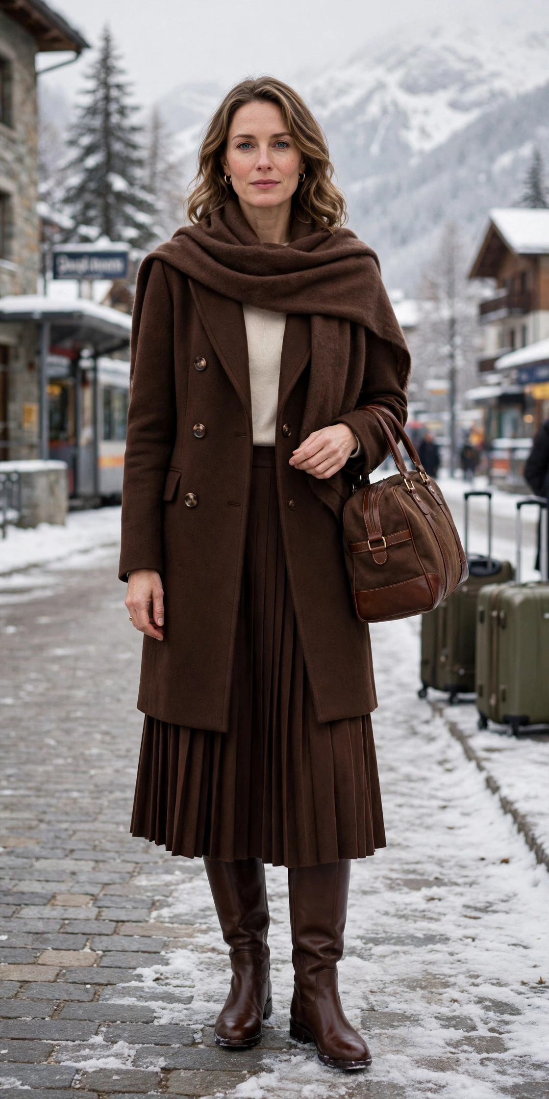 50 Women in Their 30s Leather Boots Outfits for Winter Travel That Are Chic, Warm and Elegant 37 Chocolate leather boots and structured coat outfit with a pleated skirt, chocolate leather boots and a cashmere wrap