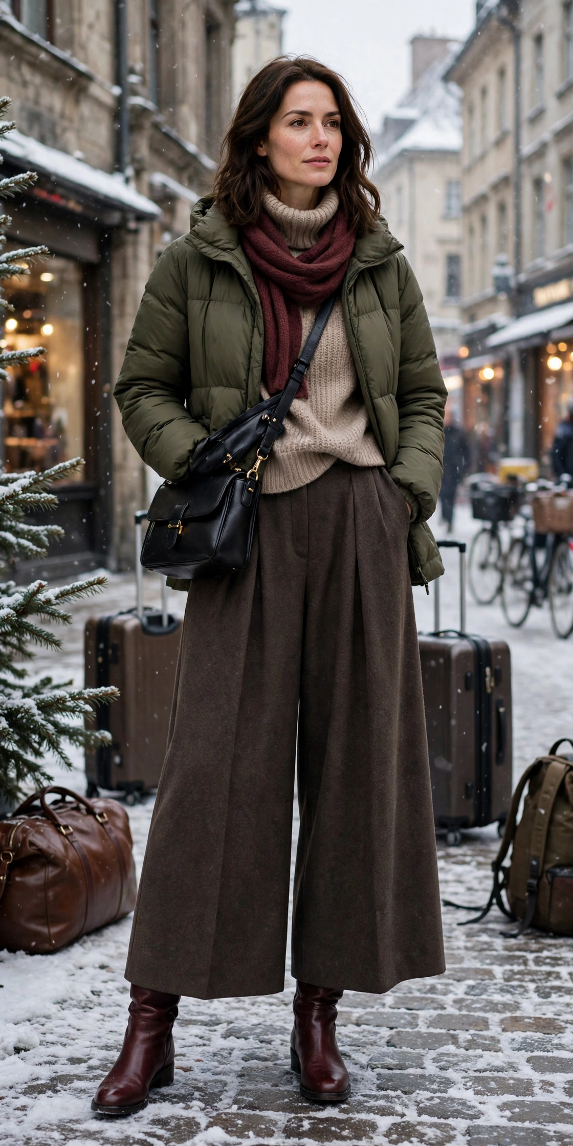 50 Women in Their 30s Leather Boots Outfits for Winter Travel That Are Chic, Warm and Elegant 39 Burgundy leather boots and layered outfit with wide-leg trousers, black leather ankle boots and a chic crossbody bag