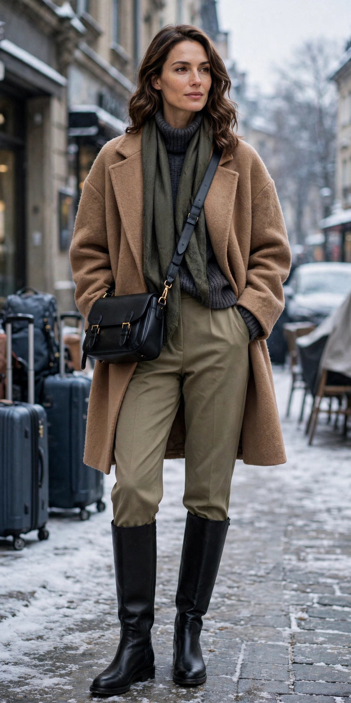 50 Women in Their 30s Leather Boots Outfits for Winter Travel That Are Chic, Warm and Elegant 46 Brown leather boots and layered outfit with straight-leg trousers, black leather knee boots and a chic crossbody bag