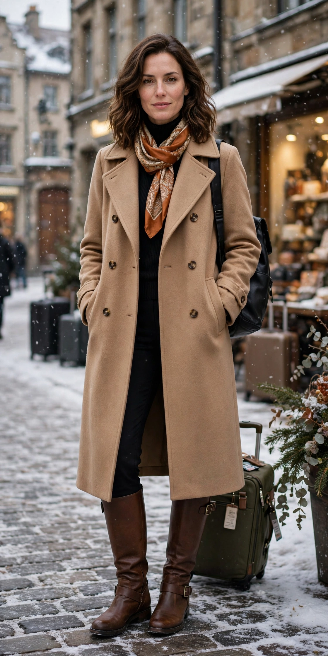 50 Women in Their 30s Leather Boots Outfits for Winter Travel That Are Chic, Warm and Elegant 47 Tan leather boots and long coat outfit with black trousers, brown leather knee boots and a silk scarf