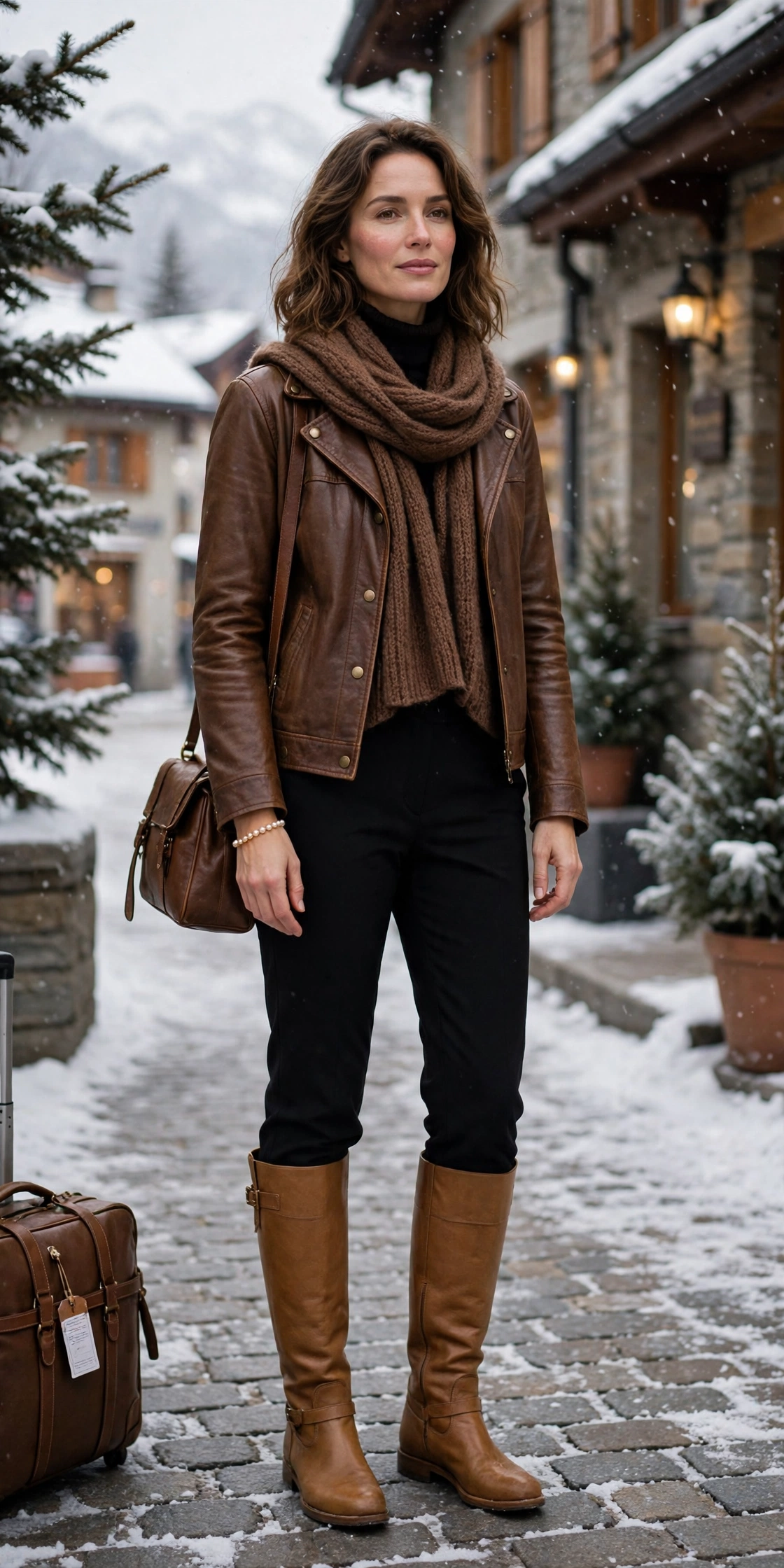 50 Women in Their 30s Leather Boots Outfits for Winter Travel That Are Chic, Warm and Elegant 49 Brown leather boots and scarf outfit with black trousers, tan leather knee boots and a pearl bracelet