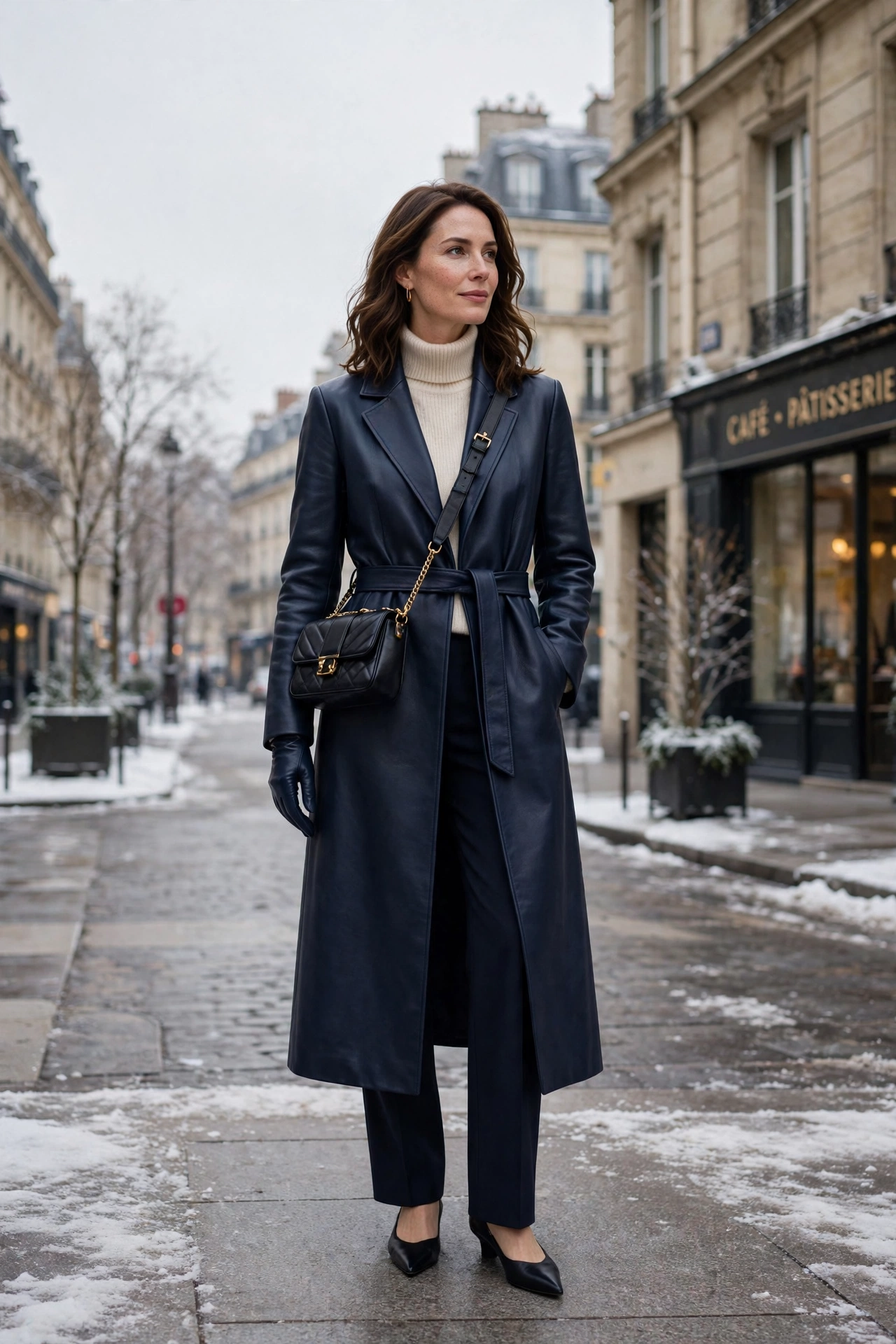 Navy leather glove and long coat outfit with straight-leg trousers, elegant pointed flats and a chic crossbody bag