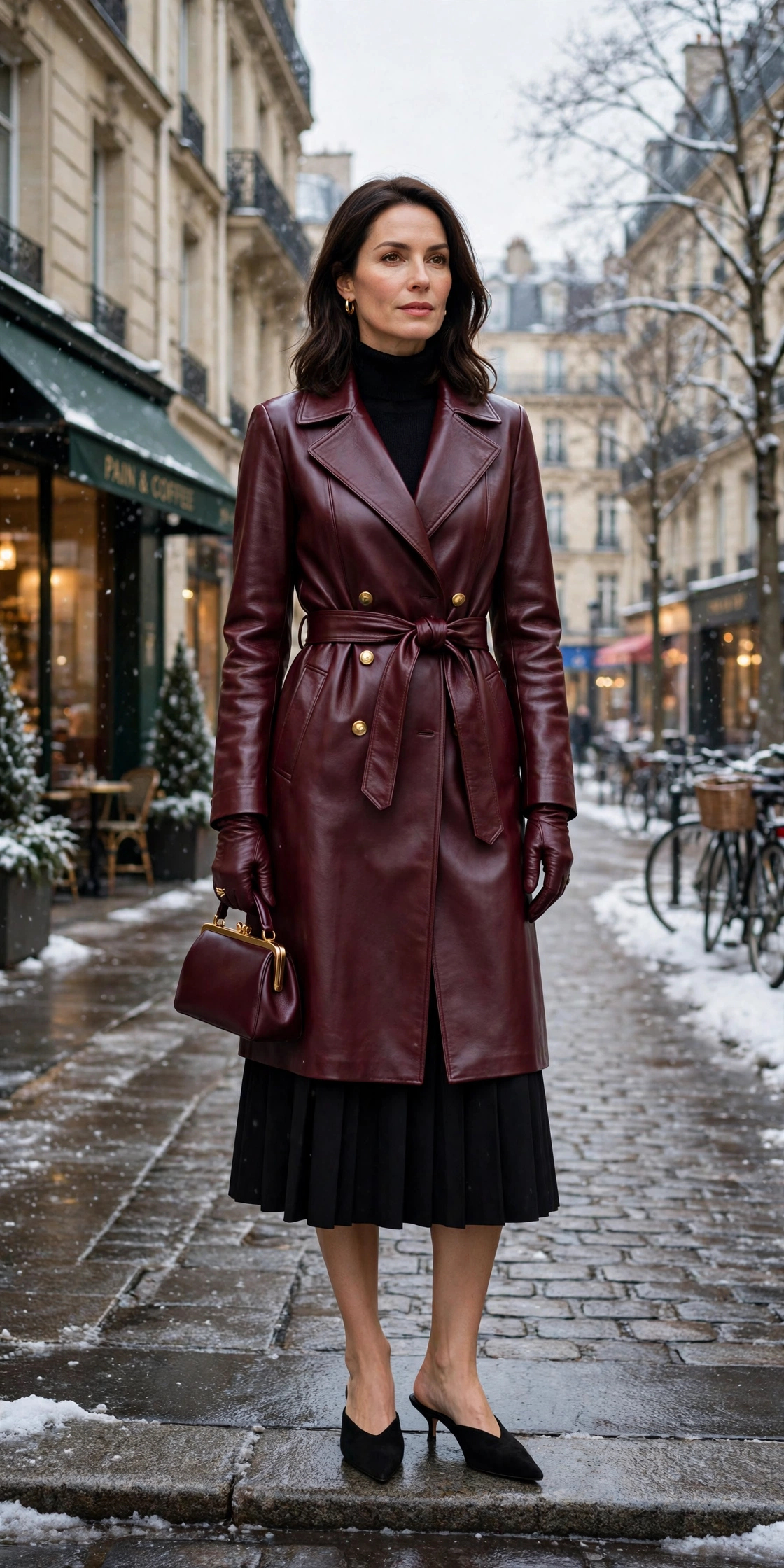 Wine leather glove and belted coat outfit with a knee-length skirt, pointed mules and a small structured clutch