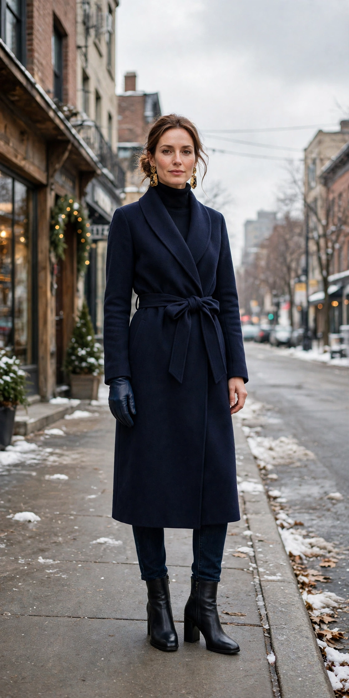 Navy leather glove and wrap coat outfit with dark jeans, block-heel ankle boots and statement earrings