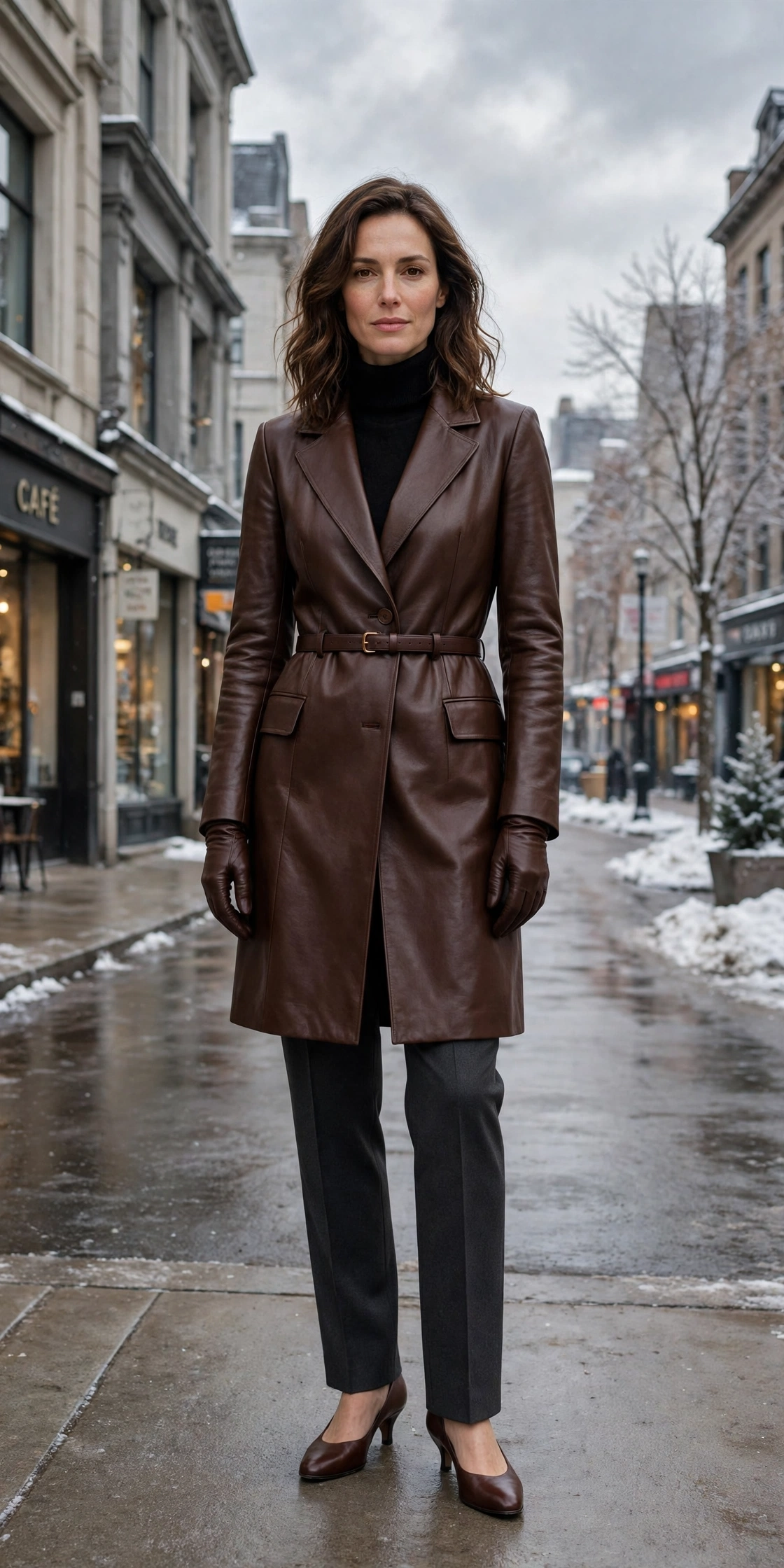 Chocolate leather glove and tailored coat outfit with straight-leg trousers, low-heeled pumps and a slim leather belt