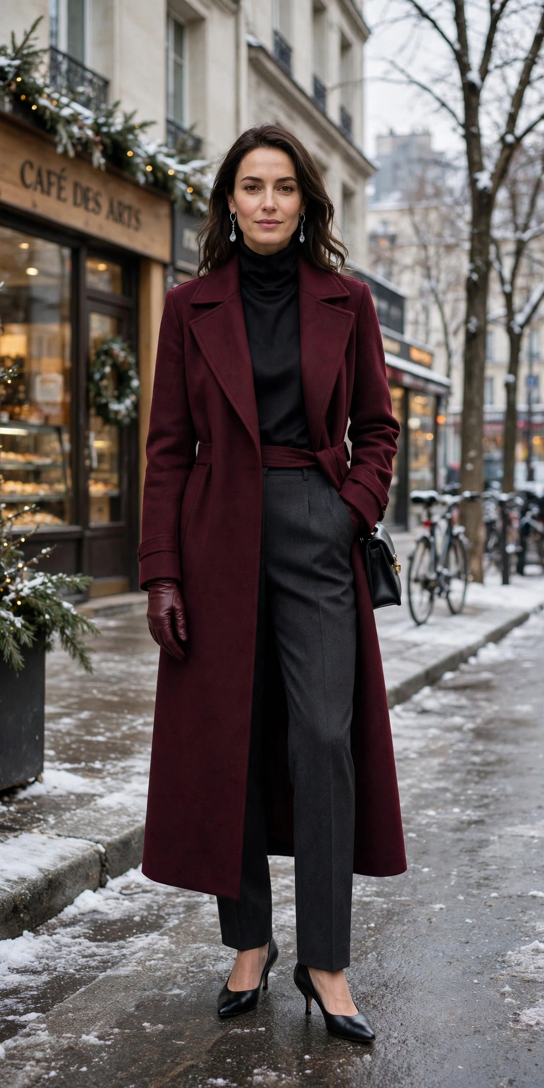 Burgundy leather glove and long coat outfit with tailored trousers, kitten heels and silver drop earrings