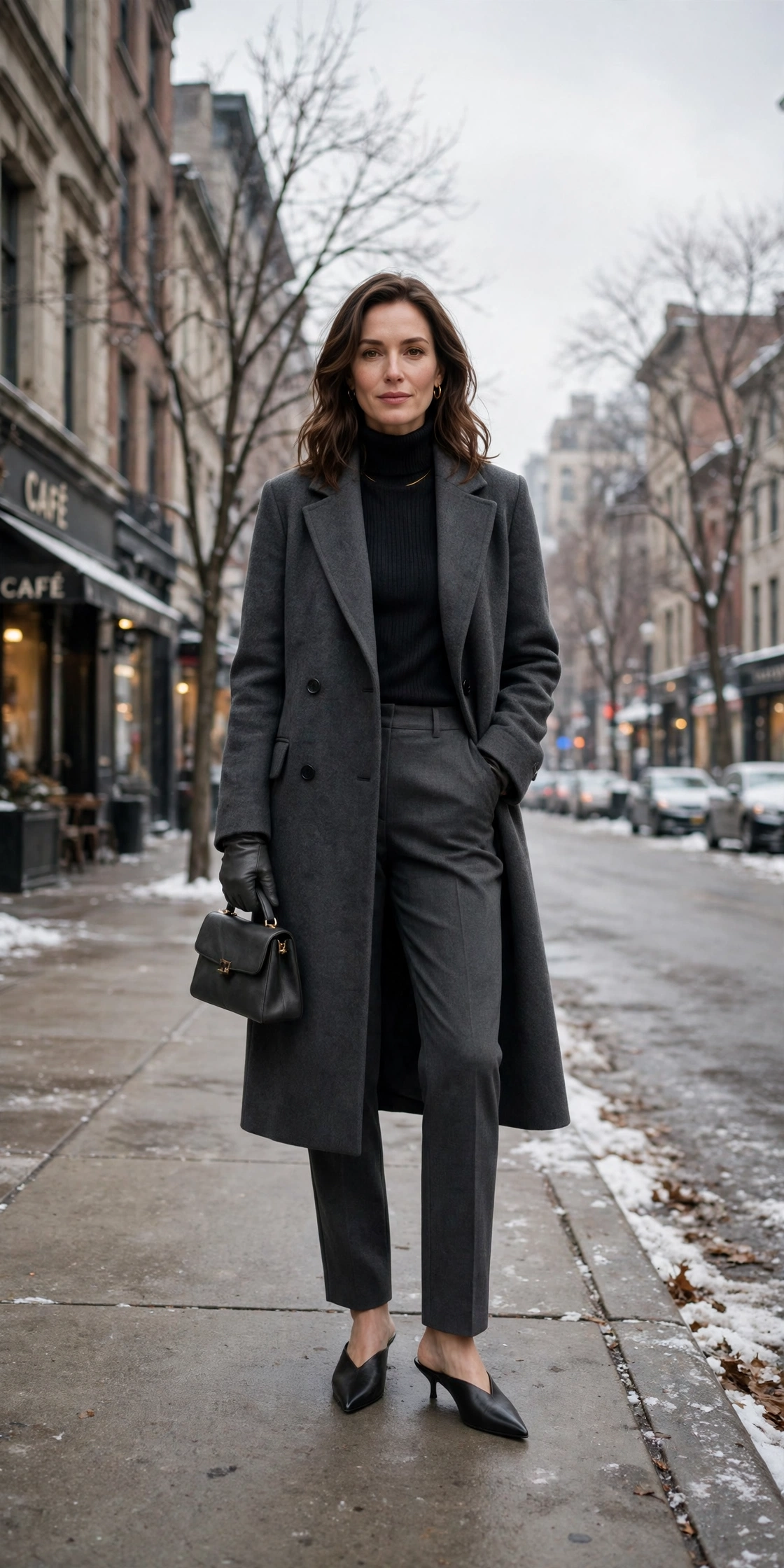 Charcoal leather glove and wool coat outfit with straight-leg trousers, pointed mules and a small structured clutch
