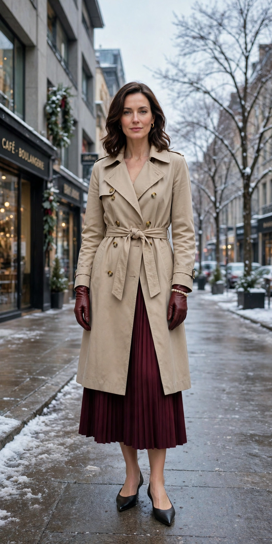 Wine leather glove and trench coat outfit with a pleated skirt, elegant pointed flats and a pearl bracelet