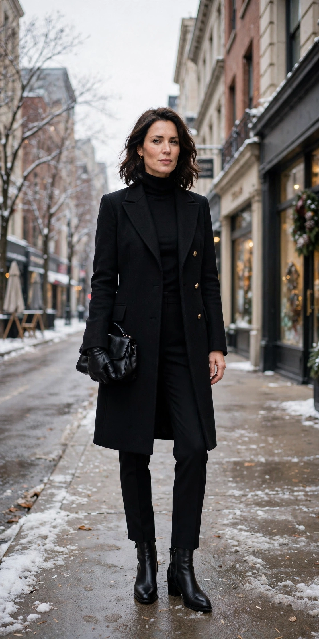Black leather glove and knee-length coat outfit with tailored trousers, leather ankle boots and a small structured clutch