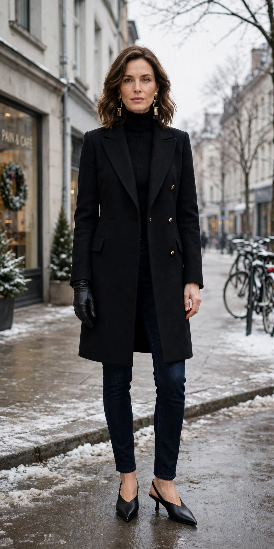 Black leather glove and tailored coat outfit with dark jeans, pointed mules and statement earrings