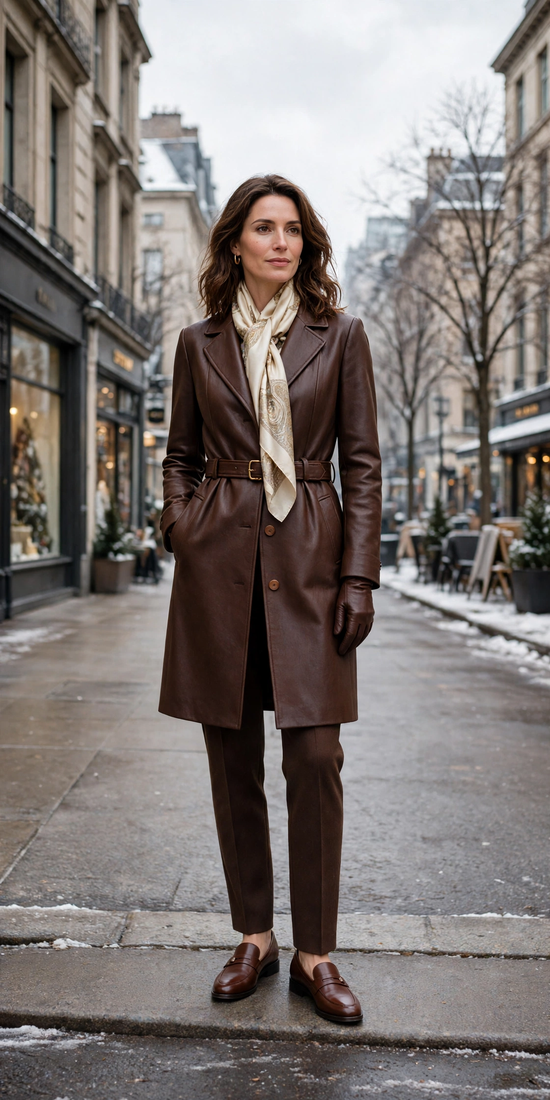 Chocolate leather glove and knee-length coat outfit with tailored trousers, smart loafers and a silk scarf