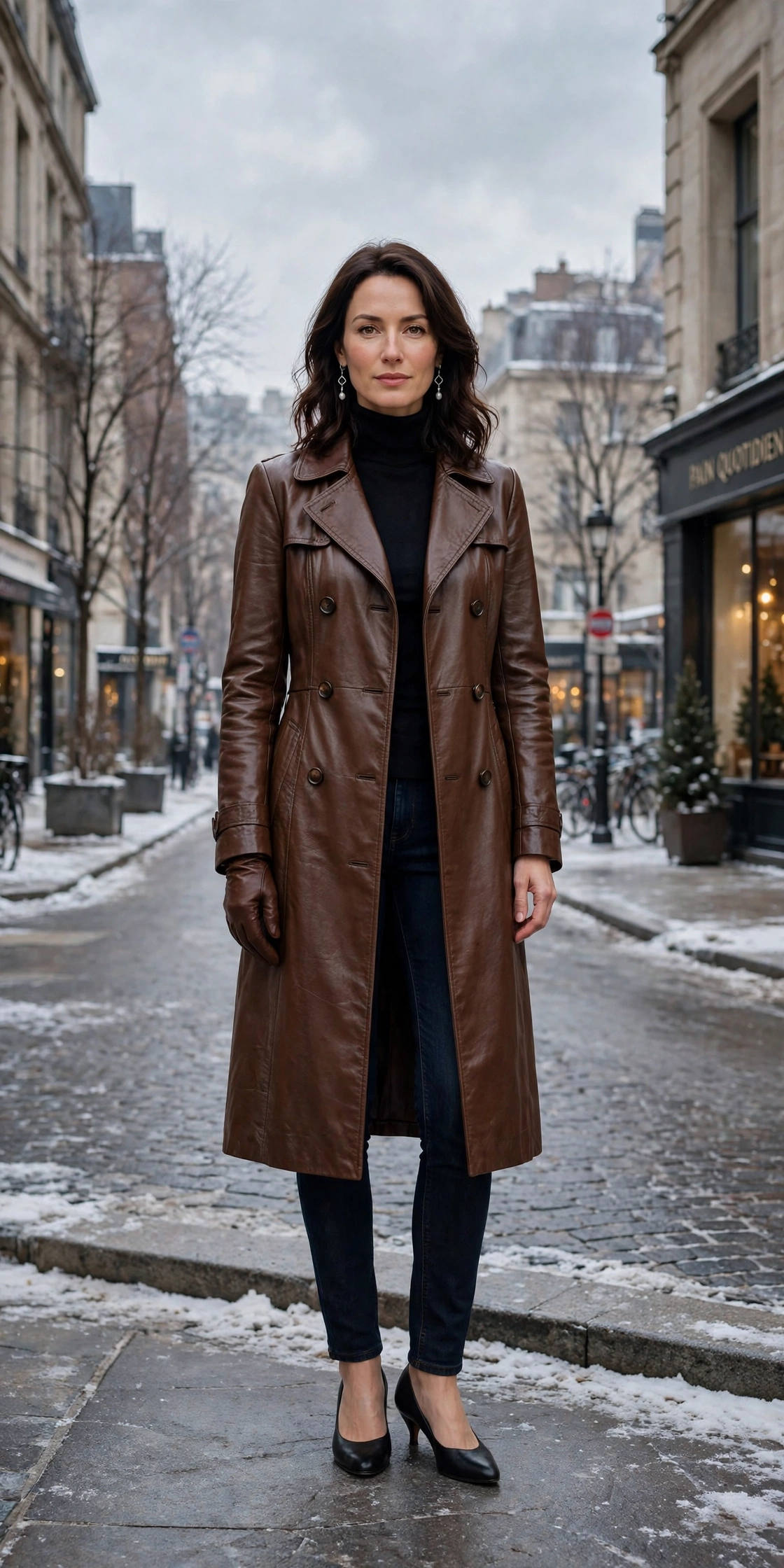 Brown leather glove and long coat outfit with dark jeans, low-heeled pumps and silver drop earrings