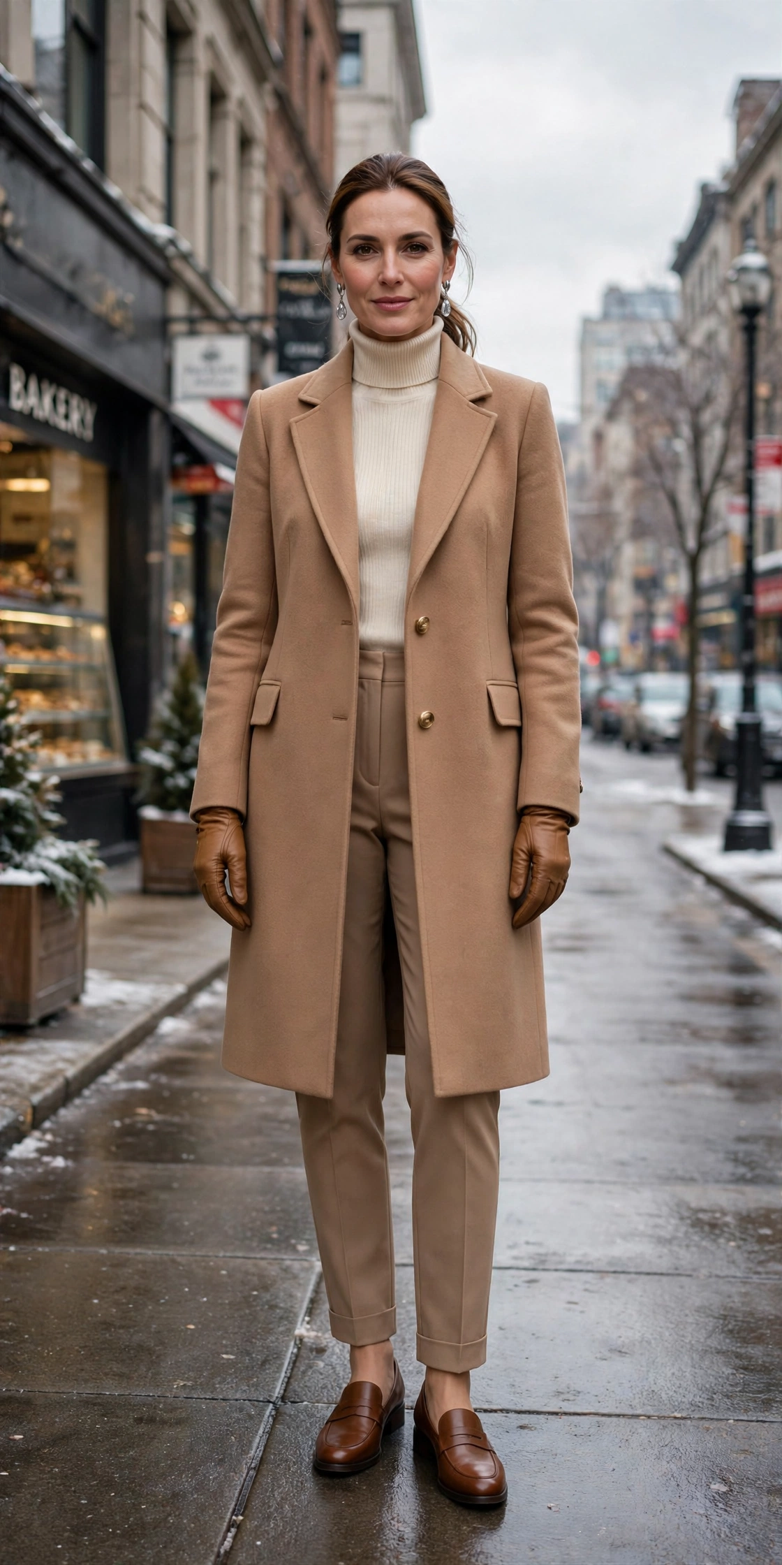 Camel leather glove and knee-length coat outfit with tailored trousers, smart loafers and silver drop earrings