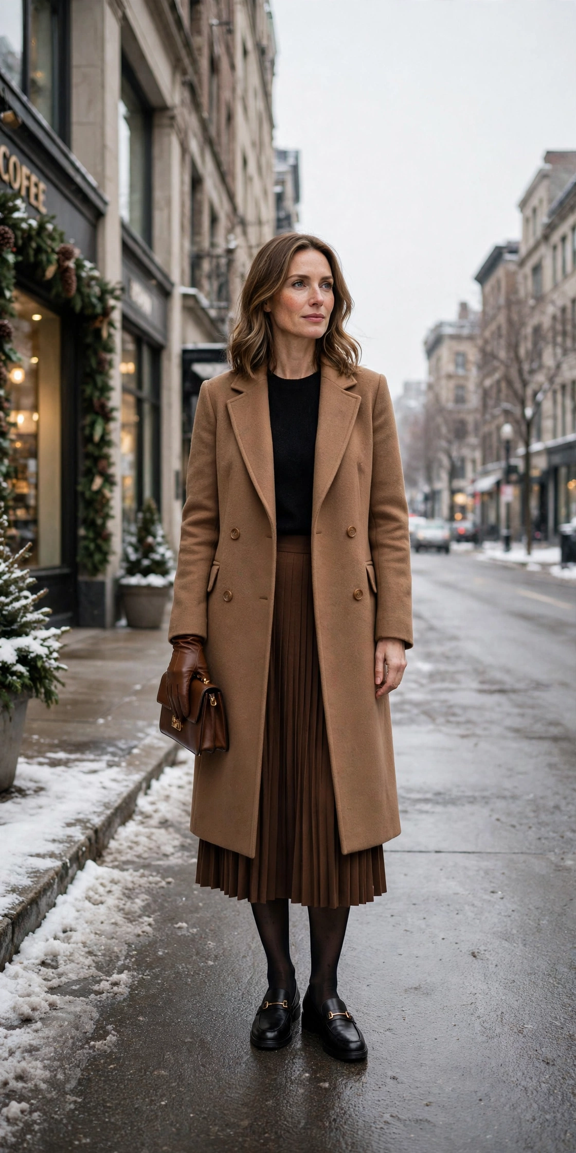Brown leather glove and wool coat outfit with a pleated skirt, smart loafers and a small structured clutch