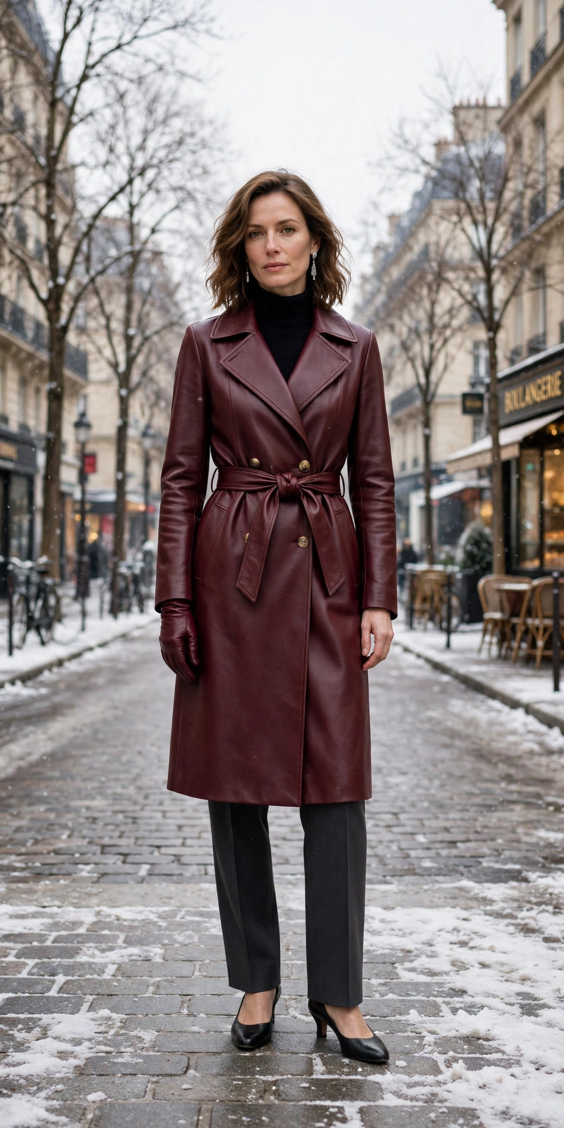 Burgundy leather glove and belted coat outfit with straight-leg trousers, low-heeled pumps and silver drop earrings