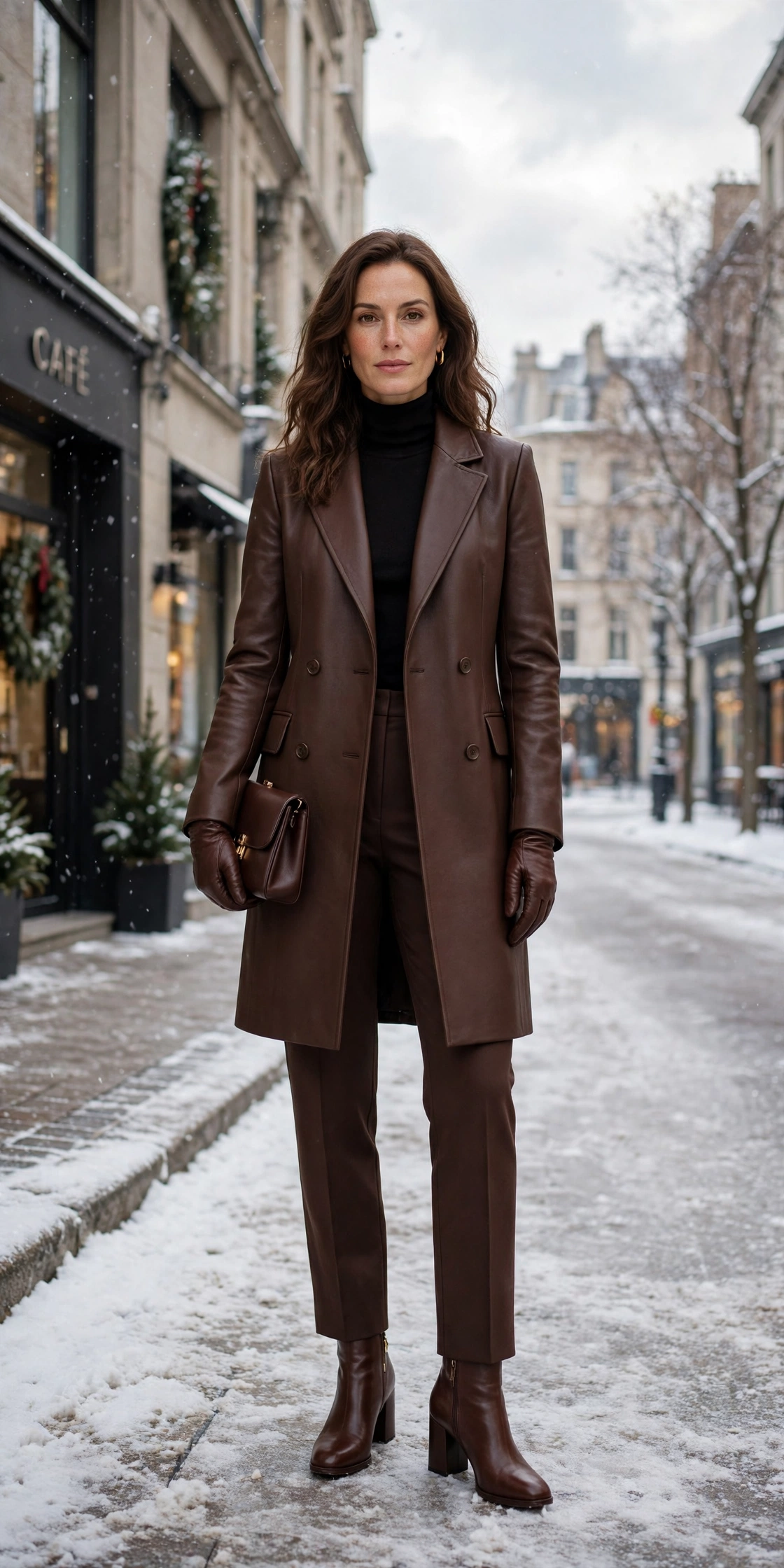 Chocolate leather glove and straight coat outfit with tailored trousers, block-heel ankle boots and a small structured clutch
