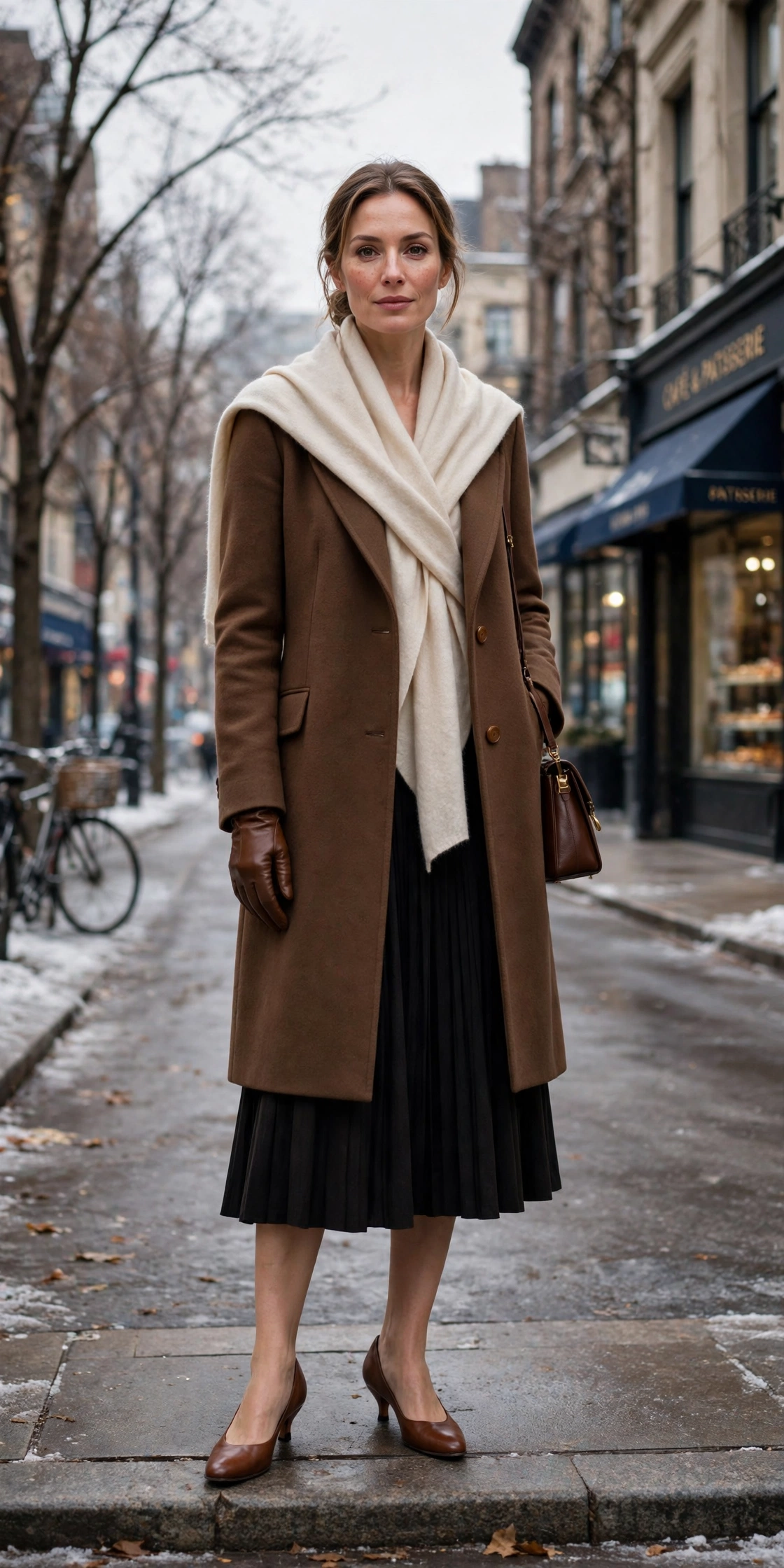 Brown leather glove and knee-length coat outfit with a midi skirt, low-heeled pumps and a cashmere wrap