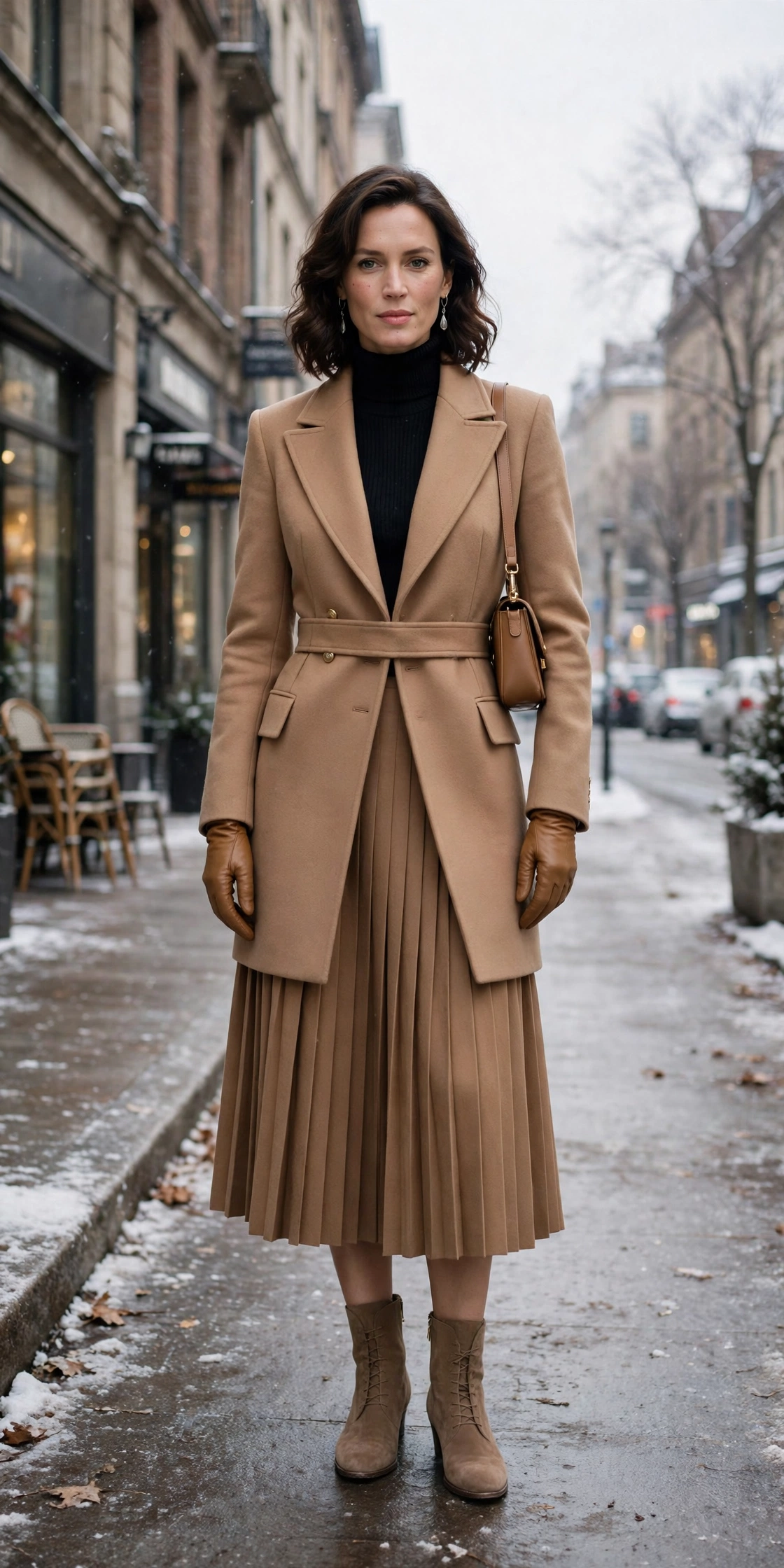 Camel leather glove and structured coat outfit with a pleated skirt, suede ankle boots and silver drop earrings