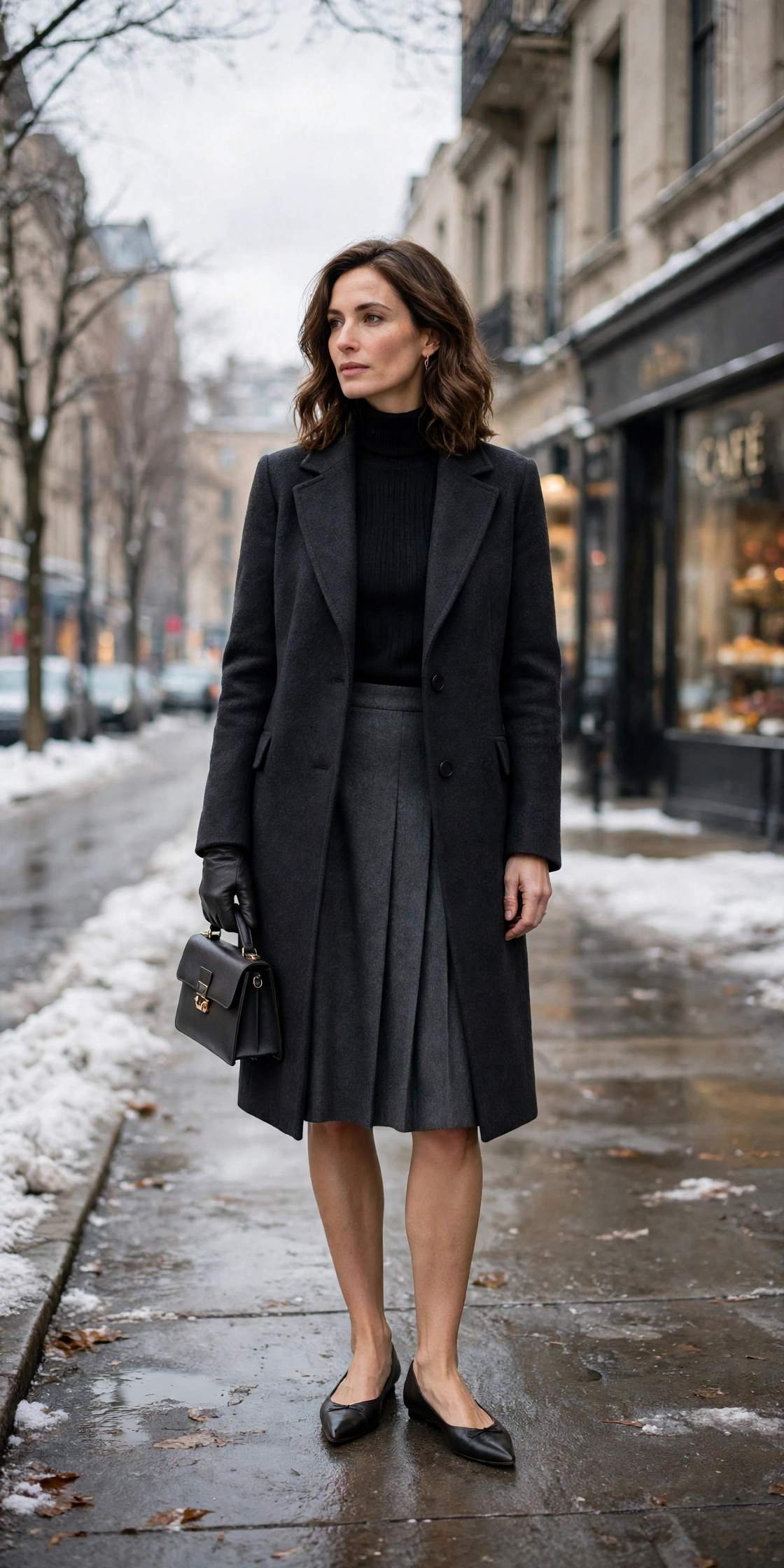 Charcoal leather glove and wool coat outfit with a knee-length skirt, elegant pointed flats and a small structured clutch