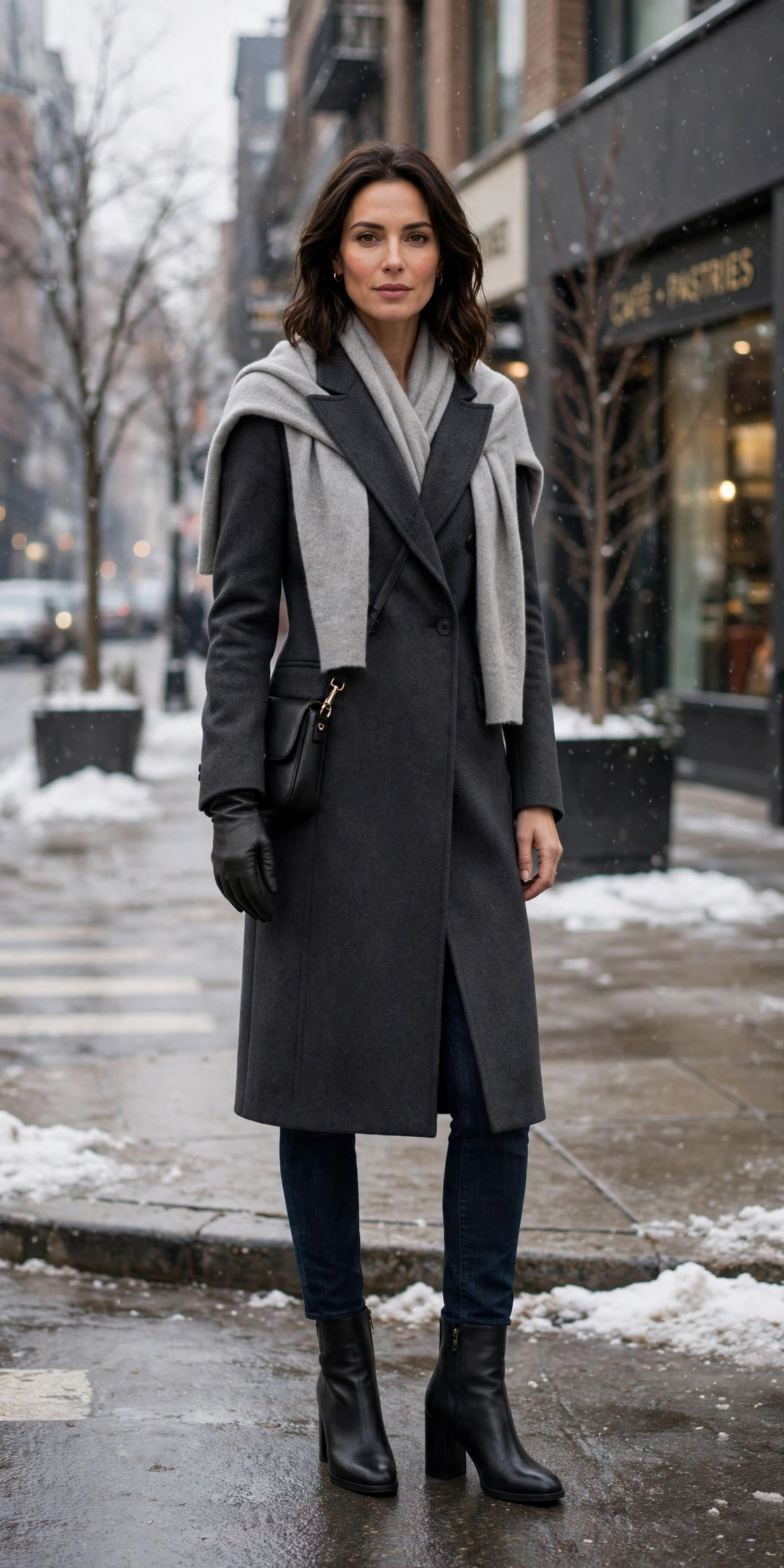 Charcoal leather glove and tailored coat outfit with dark jeans, block-heel ankle boots and a cashmere wrap