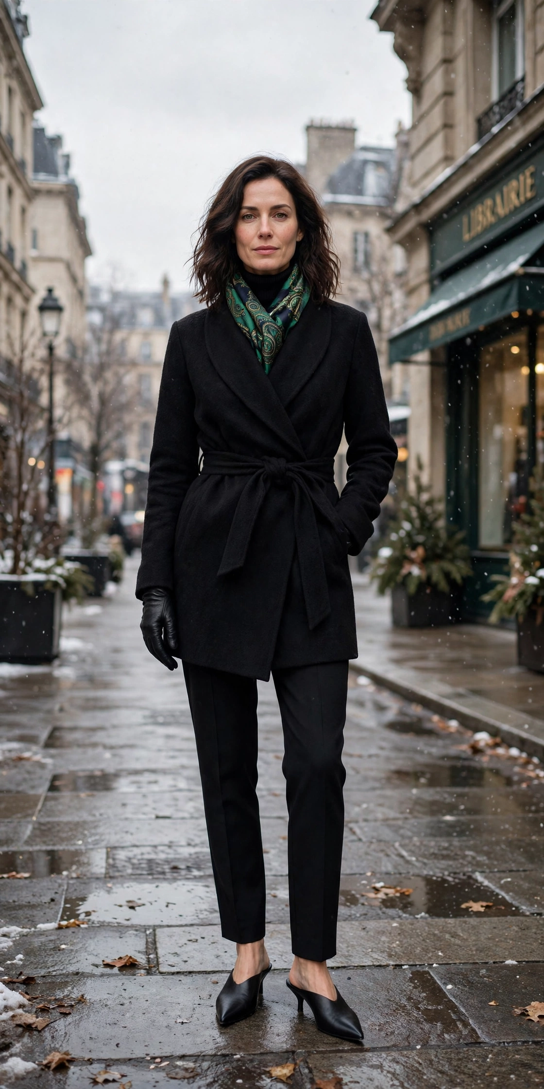 Black leather glove and wrap coat outfit with tailored trousers, pointed mules and a silk scarf