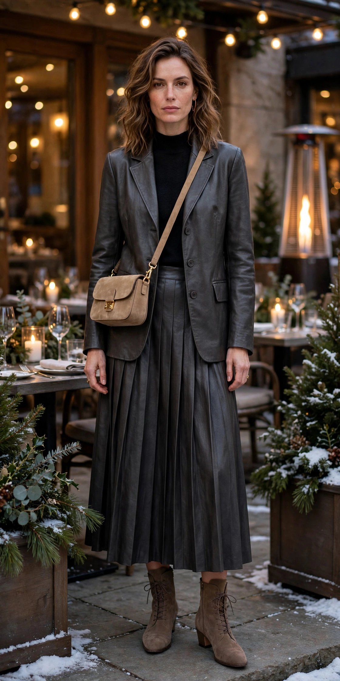 Charcoal leather pleated skirt outfit with suede ankle boots and a chic crossbody bag
