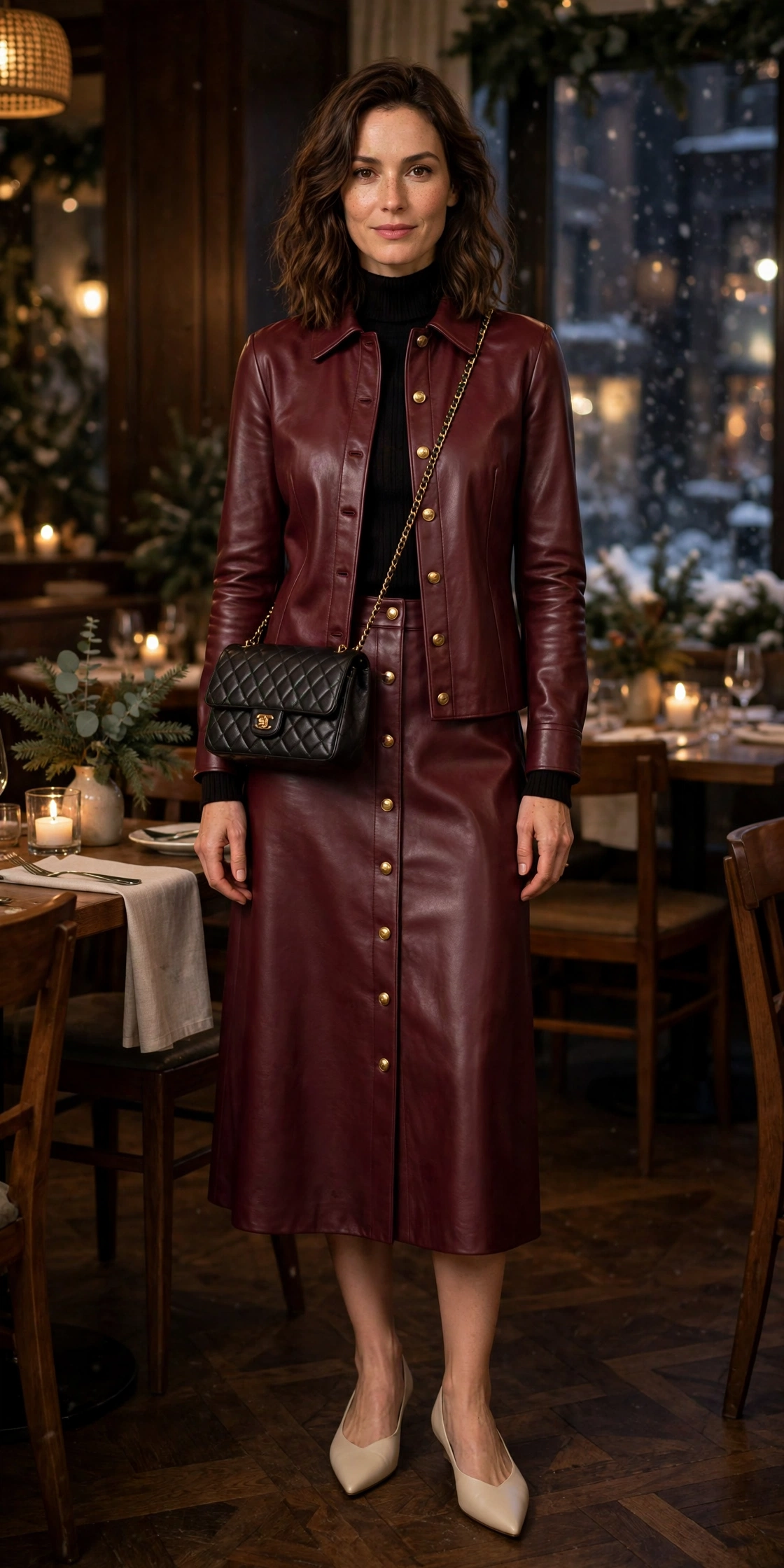 Burgundy leather button-front skirt outfit with elegant pointed flats and a chic crossbody bag