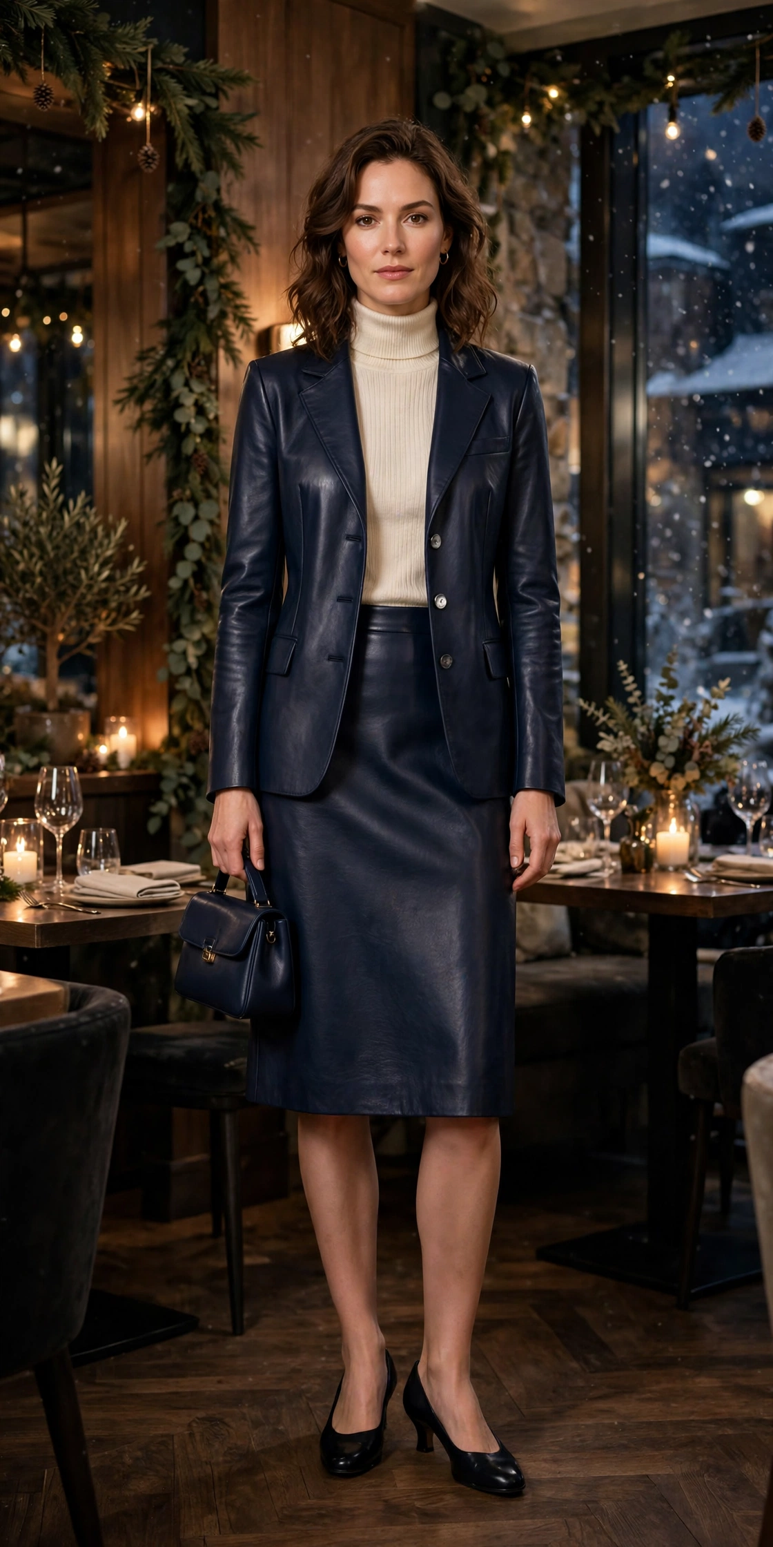 Navy leather knee-length skirt outfit with low-heeled pumps and a small structured clutch