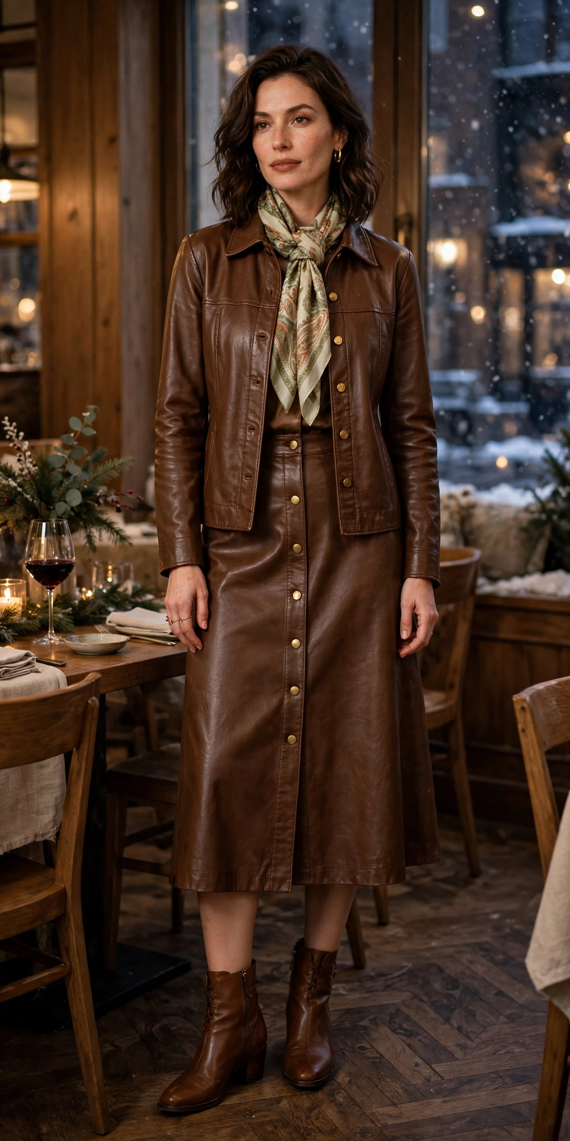 Brown leather button-front skirt outfit with leather ankle boots and a silk scarf