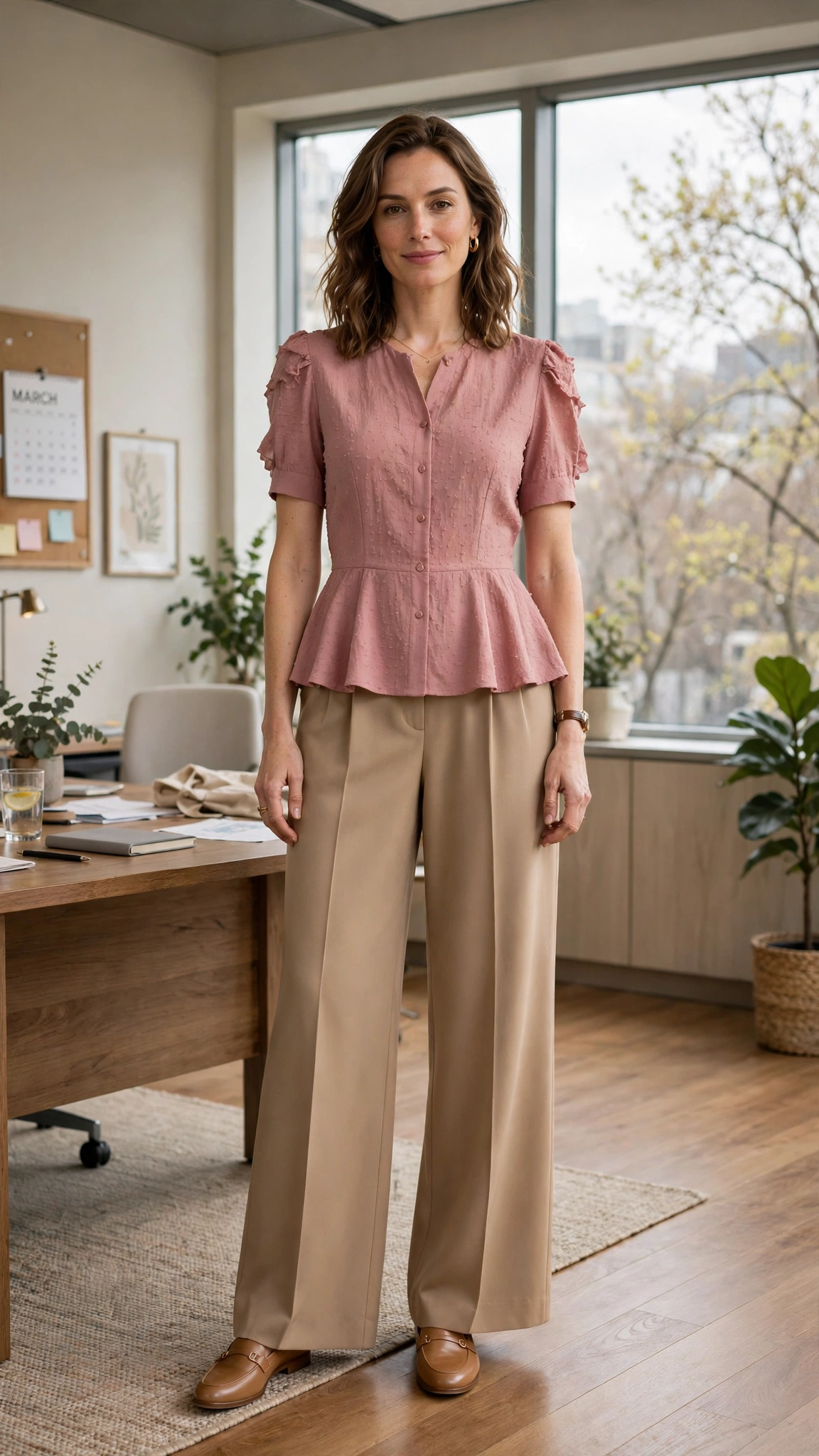 Dusty Rose Peplum Blouse and Trouser Outfit with camel wide-leg trousers and loafers