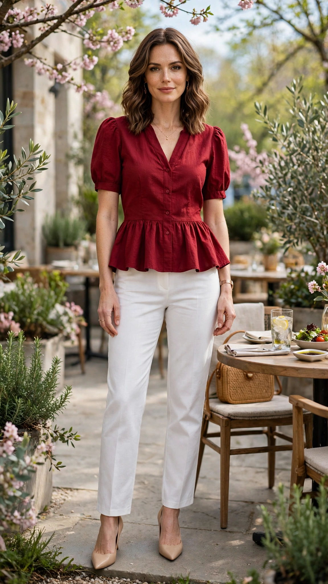 Deep Red Peplum Blouse and Trouser Outfit with white straight trousers and nude pumps