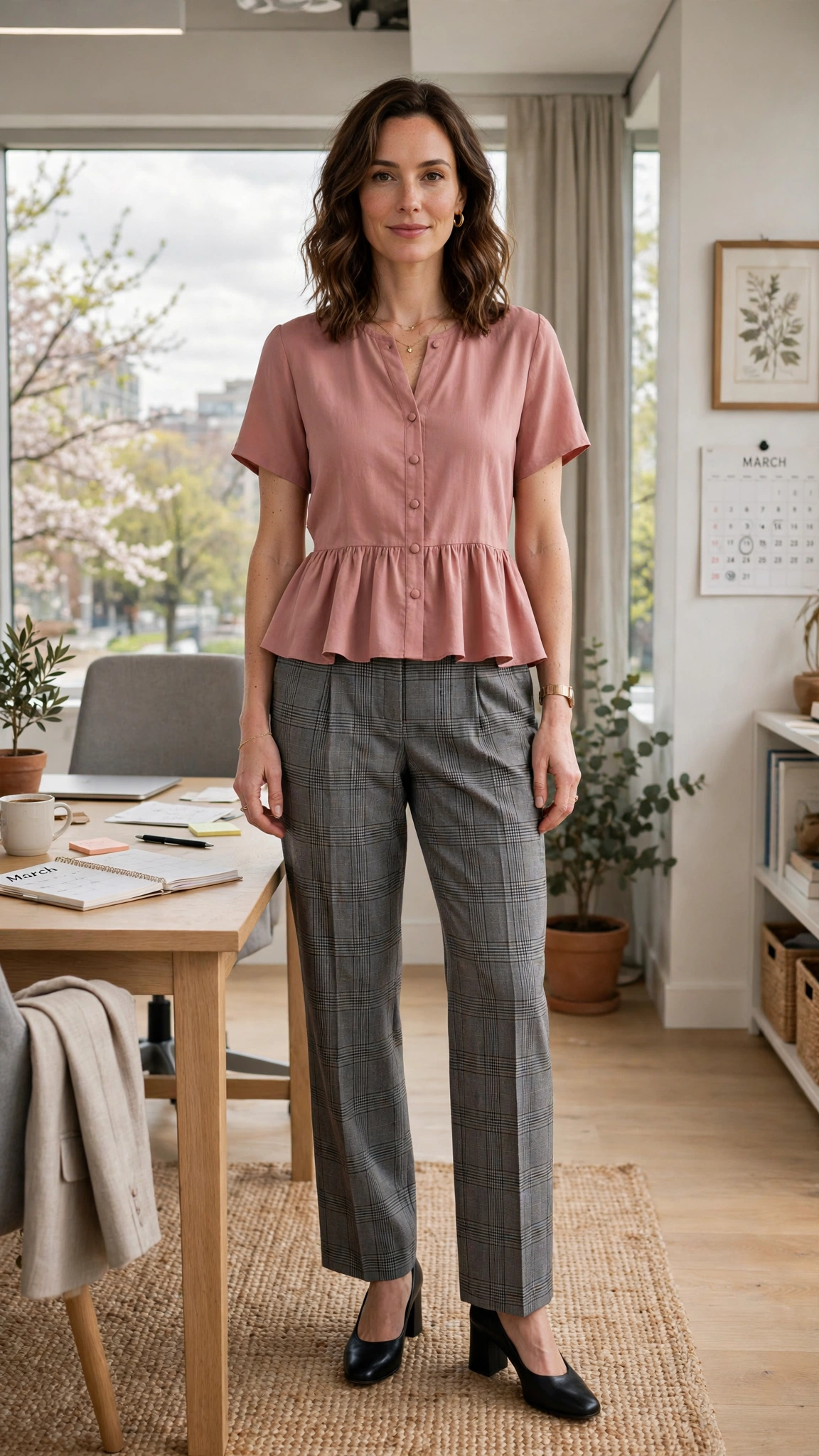 Dusty Rose Peplum Blouse and Trouser Outfit with grey plaid trousers and block heels