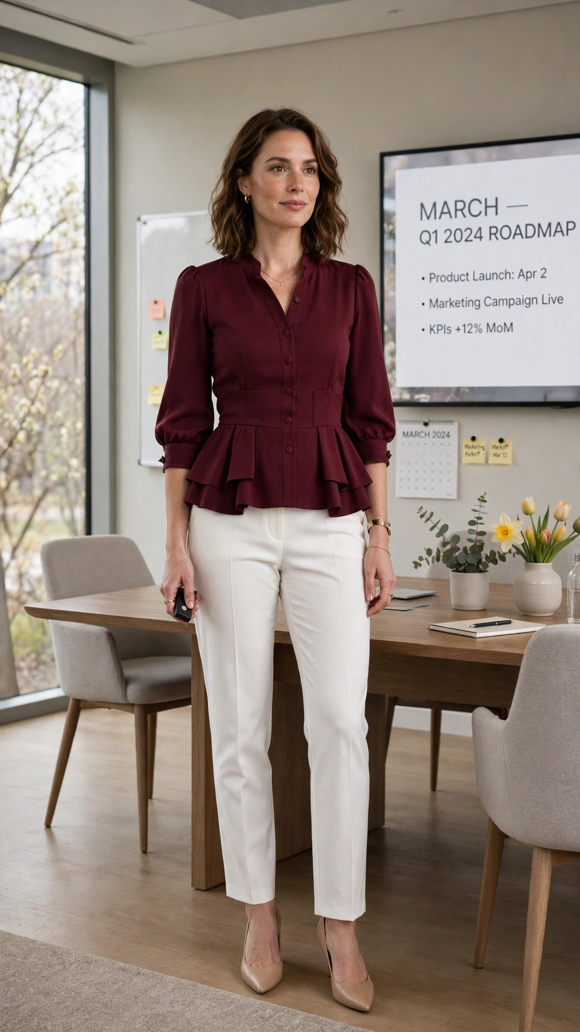Burgundy Peplum Blouse and Trouser Outfit with white straight trousers and nude pumps