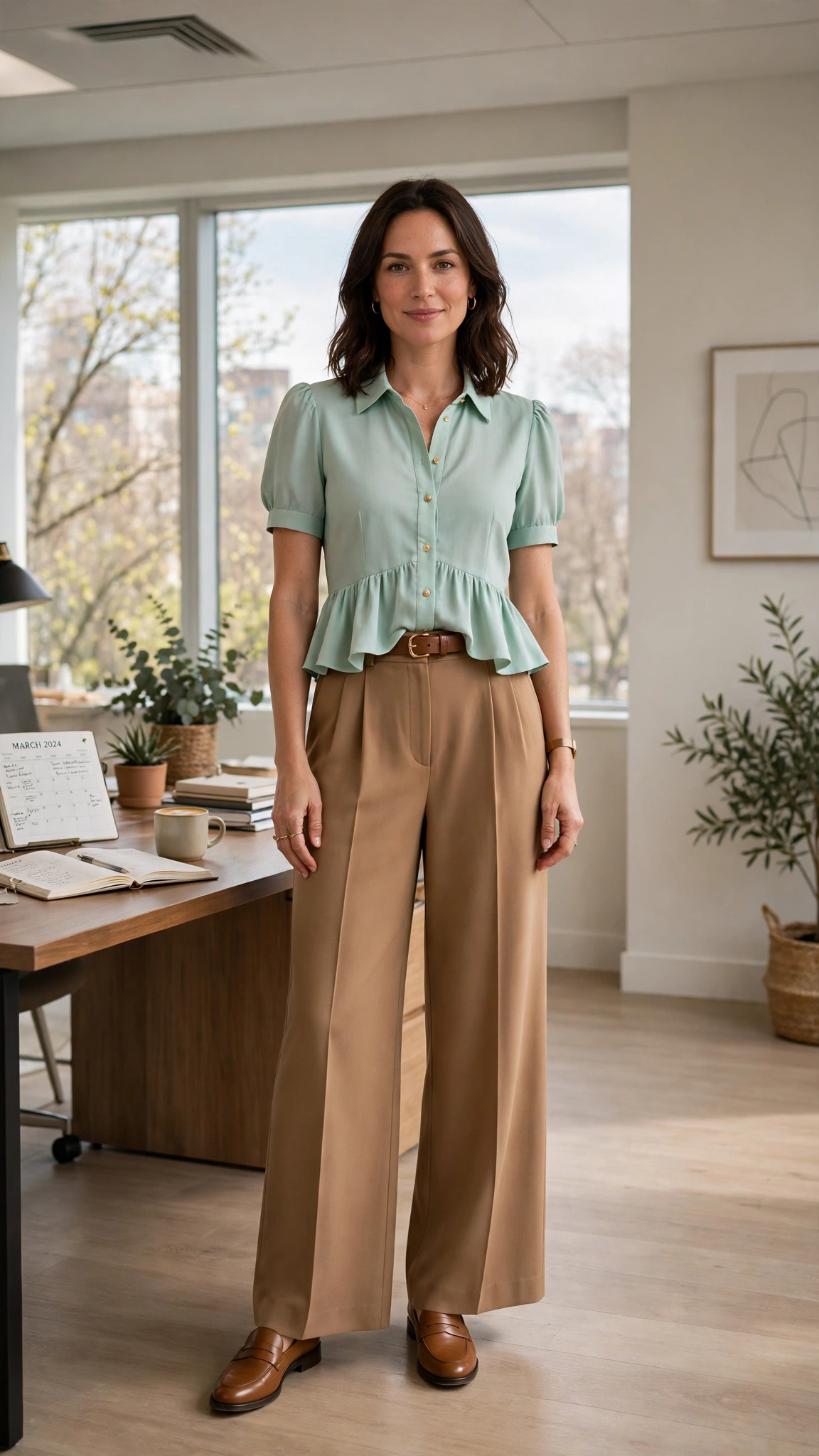 Mint Peplum Blouse and Trouser Outfit with camel wide-leg trousers and loafers