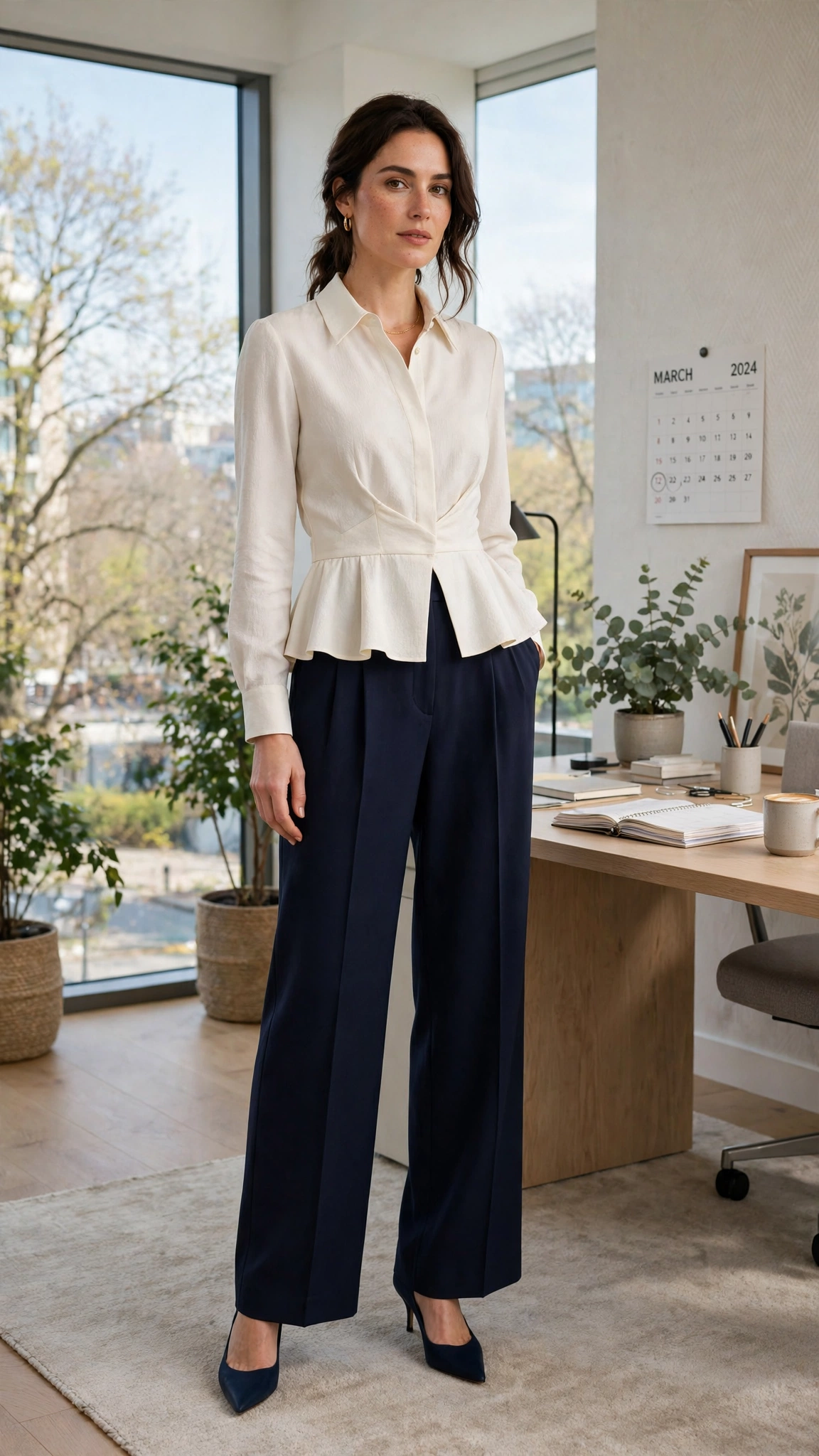 Ivory Peplum Blouse and Trouser Outfit with navy wide-leg trousers and pointed pumps