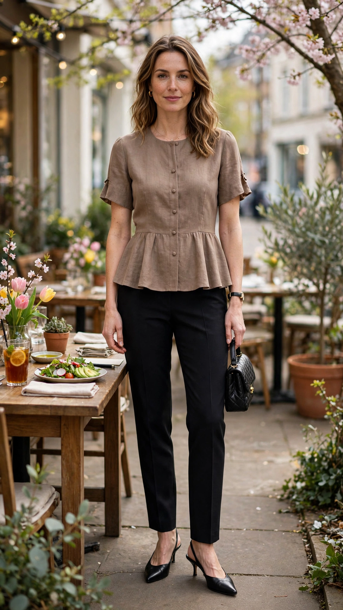 Warm Taupe Peplum Blouse and Trouser Outfit with black cigarette trousers and kitten heels