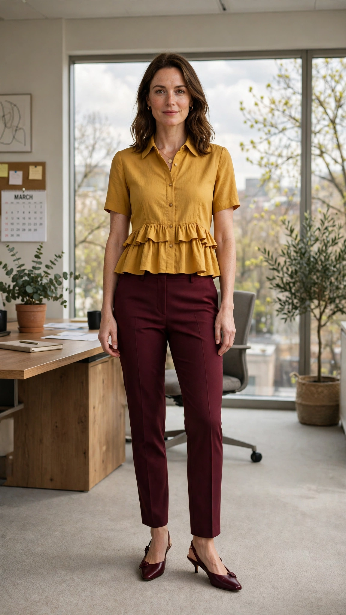 Mustard Peplum Blouse and Trouser Outfit with burgundy tailored trousers and slingback heels