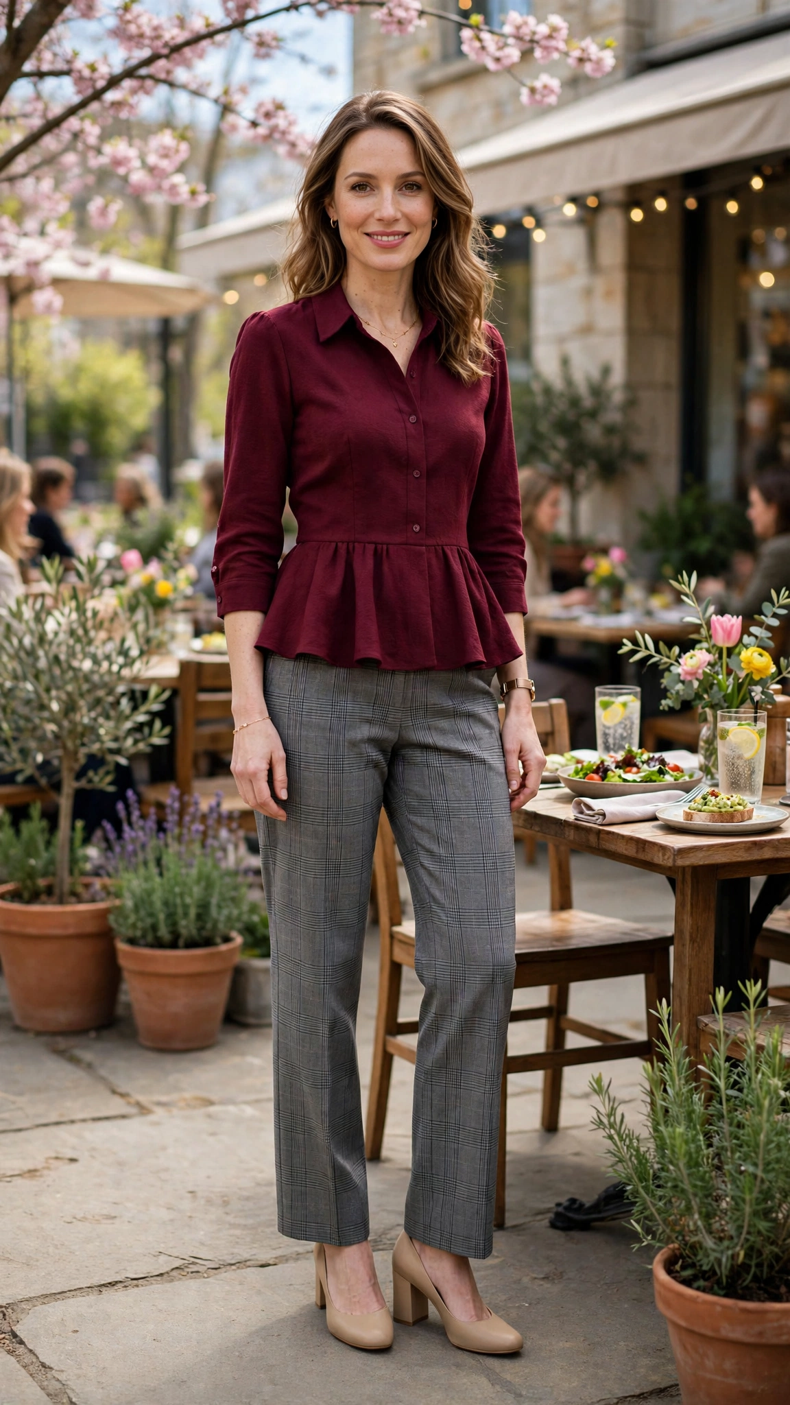 Burgundy Peplum Blouse and Trouser Outfit with grey plaid trousers and block heels