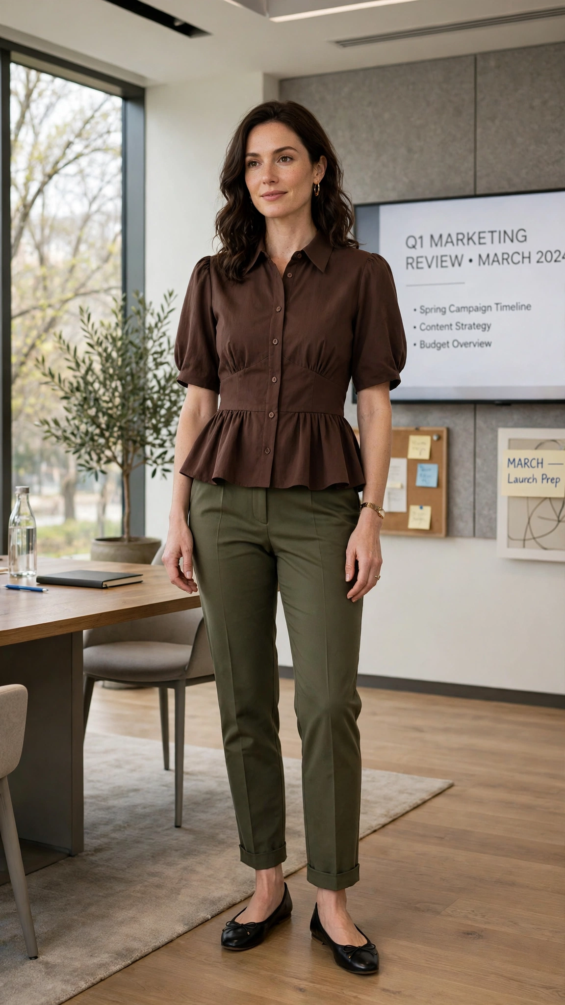 Chocolate Peplum Blouse and Trouser Outfit with olive trousers and ballet flats