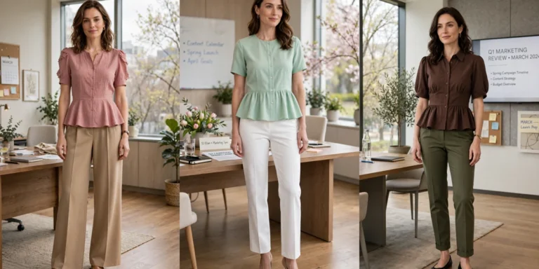 25 Women in Their 30s Peplum Blouse and Trouser Outfits for March Office Days That Are Fresh, Chic and Easy to Wear