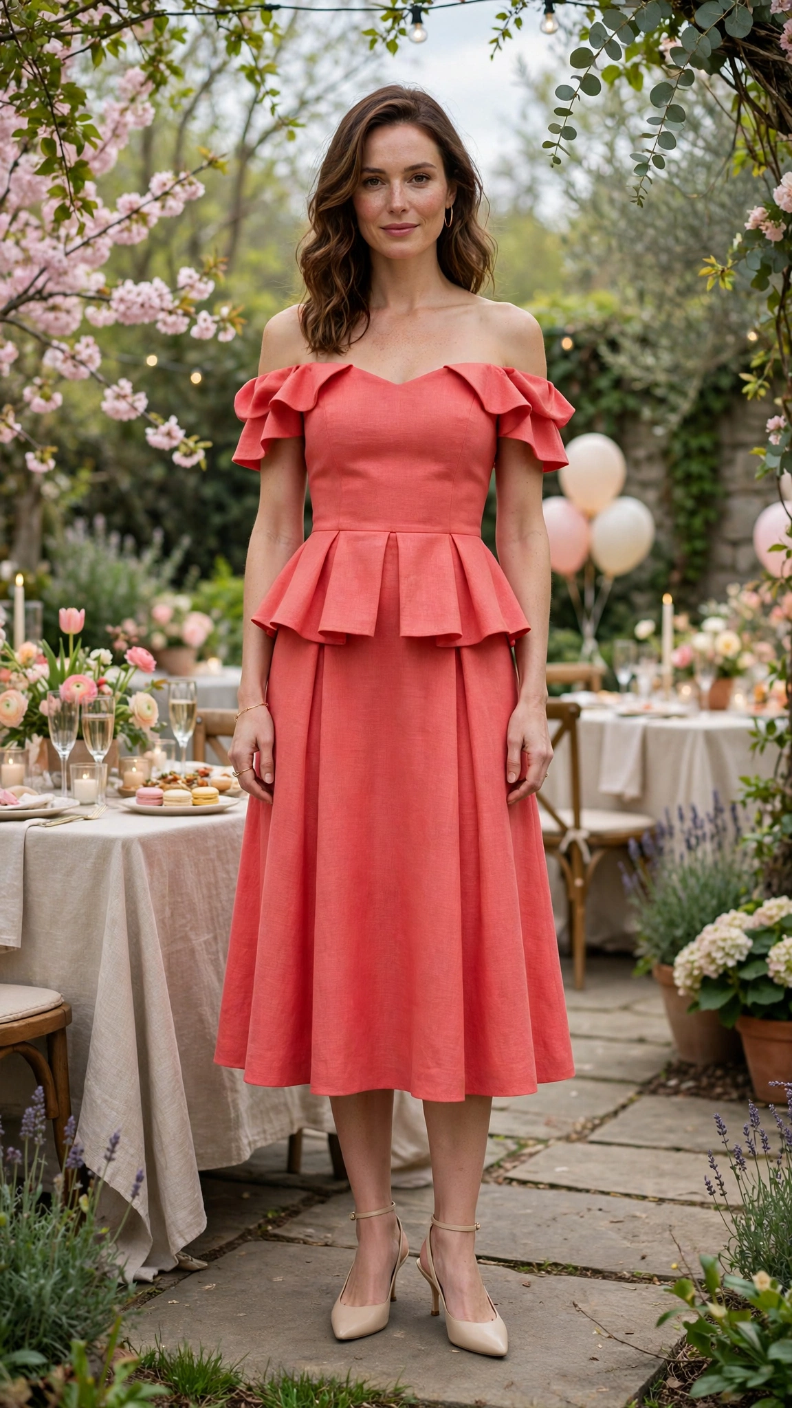 40 Women in Their 30s Peplum Dress Outfits for Spring Parties That Are Fresh, Chic and Easy to Wear 2 Coral Peplum Dress Outfit with an off-shoulder bodice and slingback heels