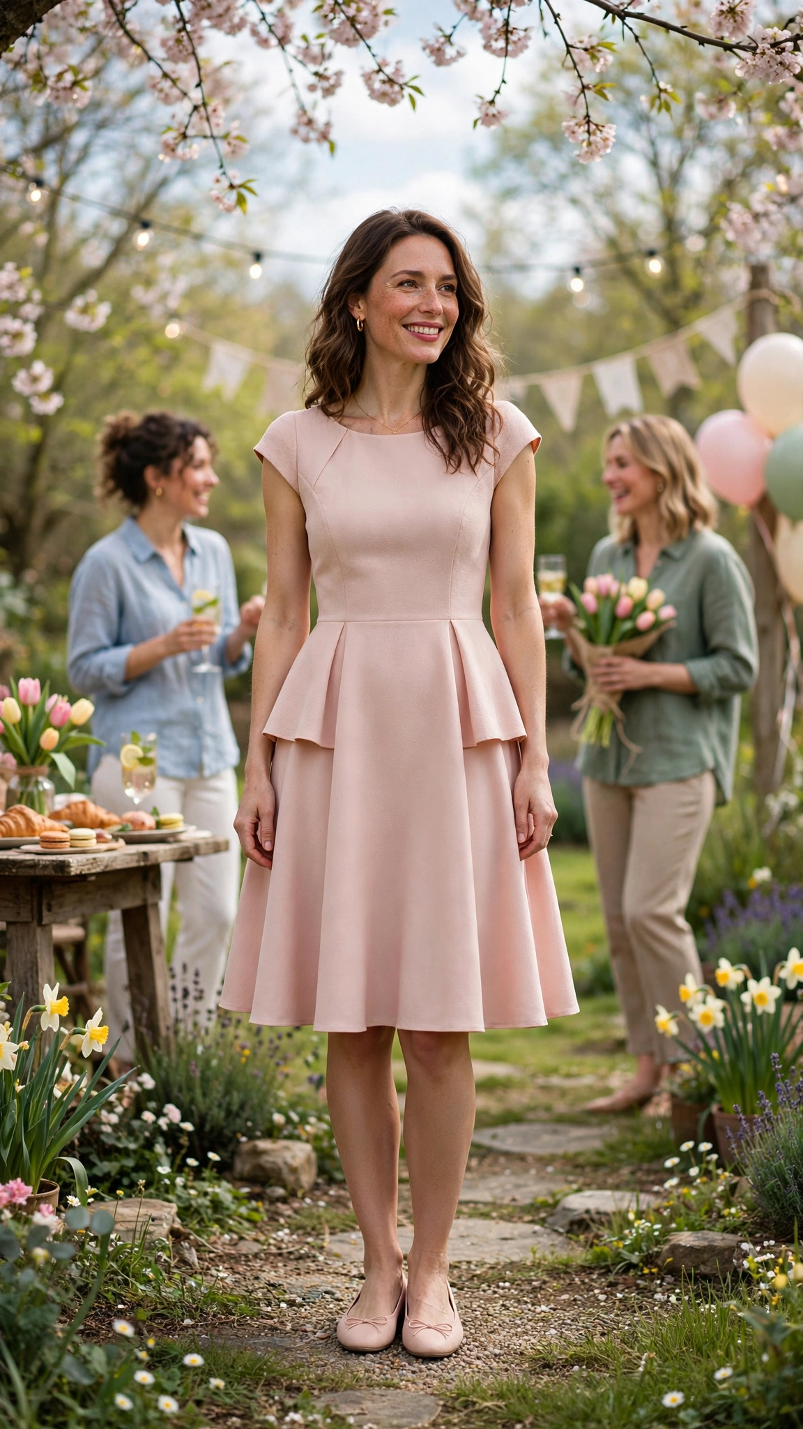 40 Women in Their 30s Peplum Dress Outfits for Spring Parties That Are Fresh, Chic and Easy to Wear 5 Blush Pink Peplum Dress Outfit with a cap-sleeve bodice and ballet flats